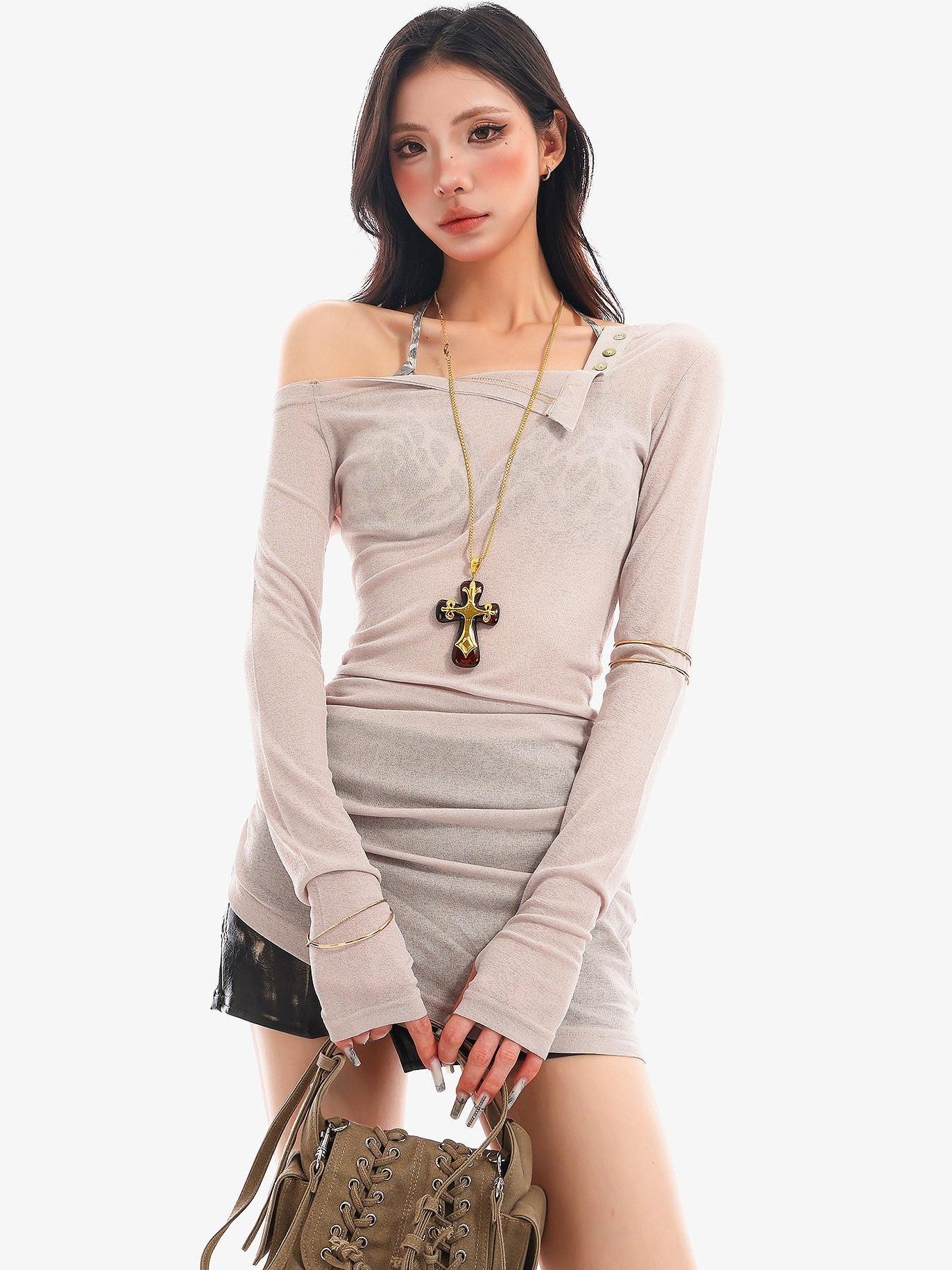 QIUQIU STUDIO Sheer Halter One Shoulder Colorblock Women&