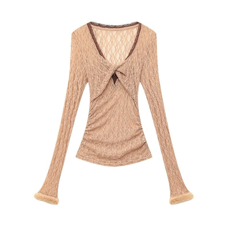 QIUQIU_STUDIO_Sheer_Lace_Cutout_Wide_Round_Neck_Slim_Fit_Women&