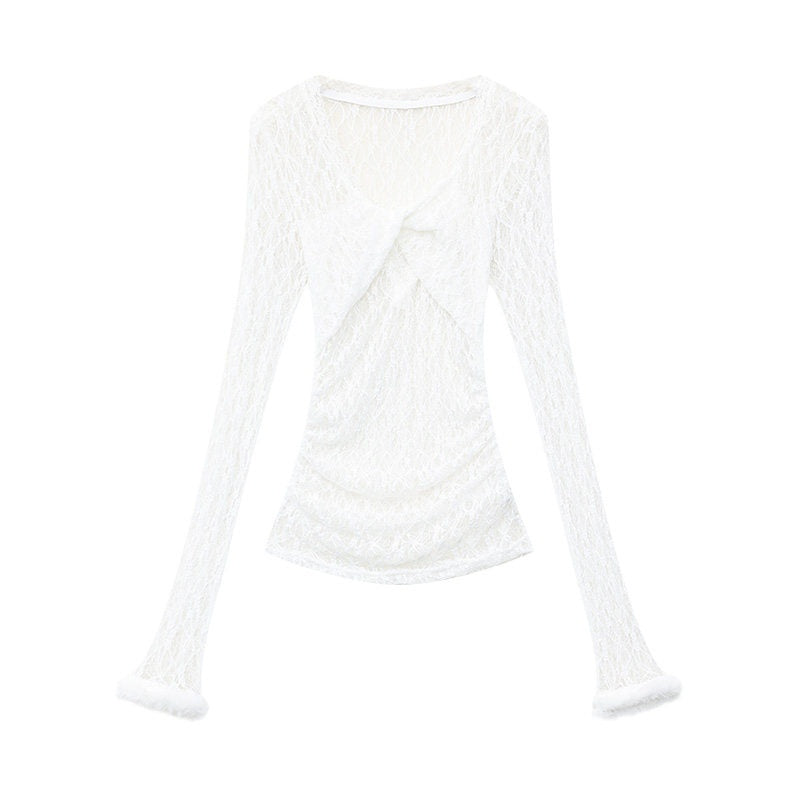 QIUQIU_STUDIO_Sheer_Lace_Cutout_Wide_Round_Neck_Slim_Fit_Women&