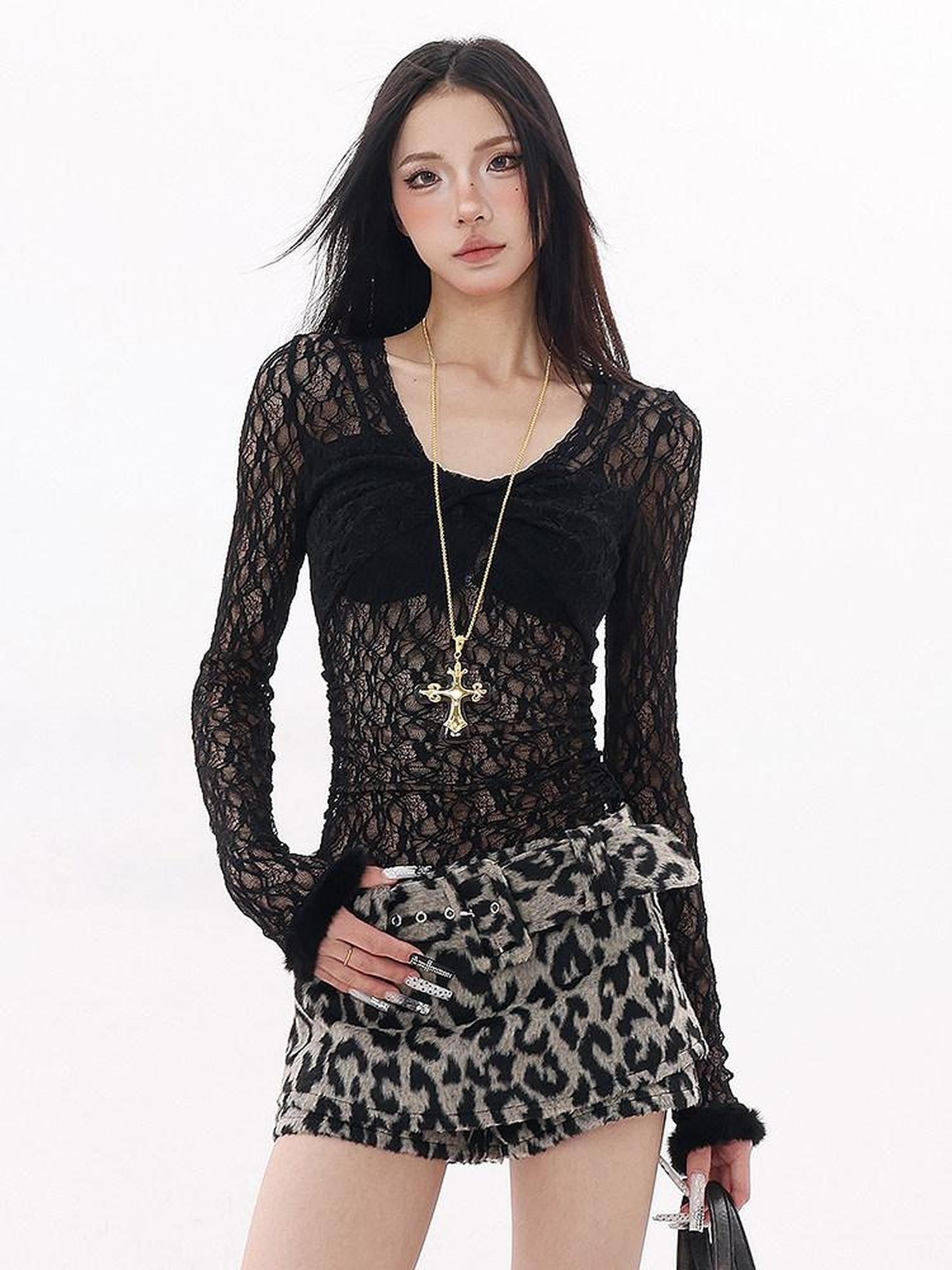QIUQIU STUDIO Sheer Lace Cutout Wide Round Neck Slim Fit Women&