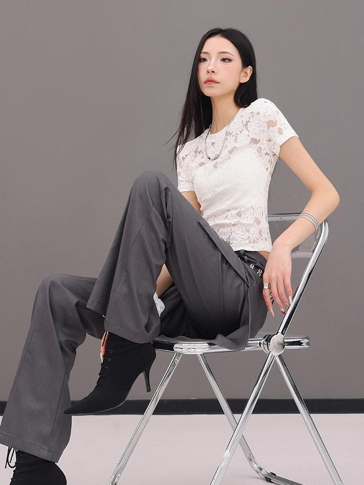 QIUQIU STUDIO Sheer Lace Fitted Round Neck Cropped Women&