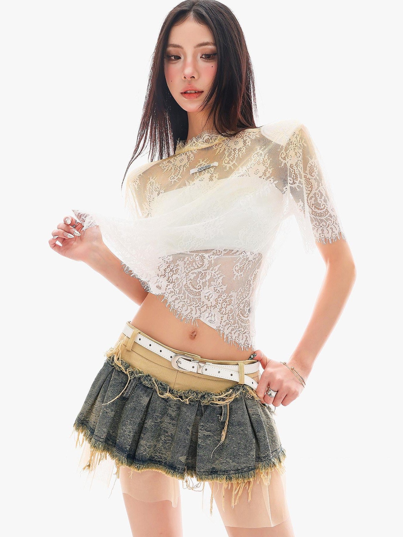 QIUQIU STUDIO Sheer Lace Round Neck Padded Shoulder Loose Women&