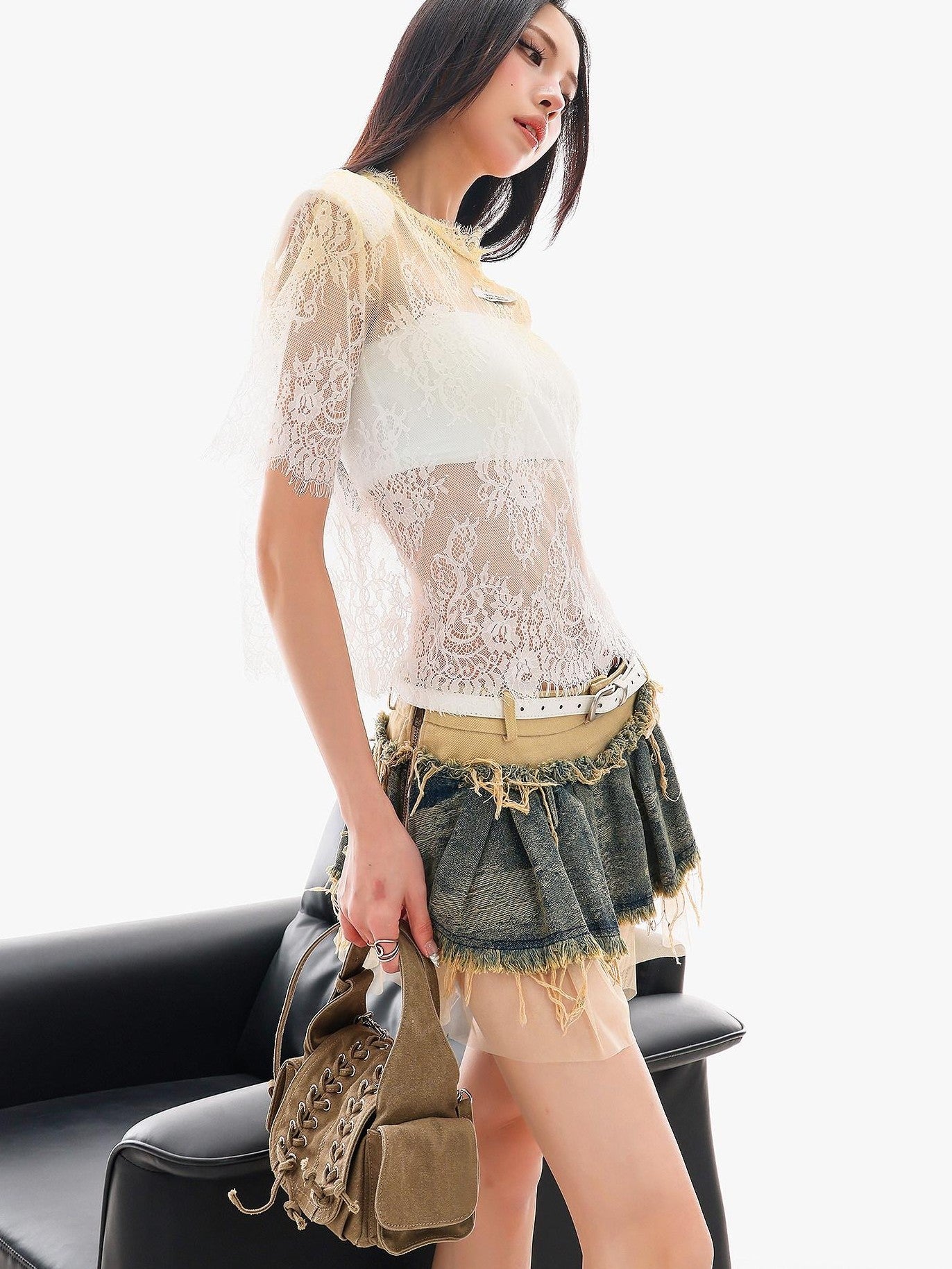 QIUQIU STUDIO Sheer Lace Round Neck Padded Shoulder Loose Women&