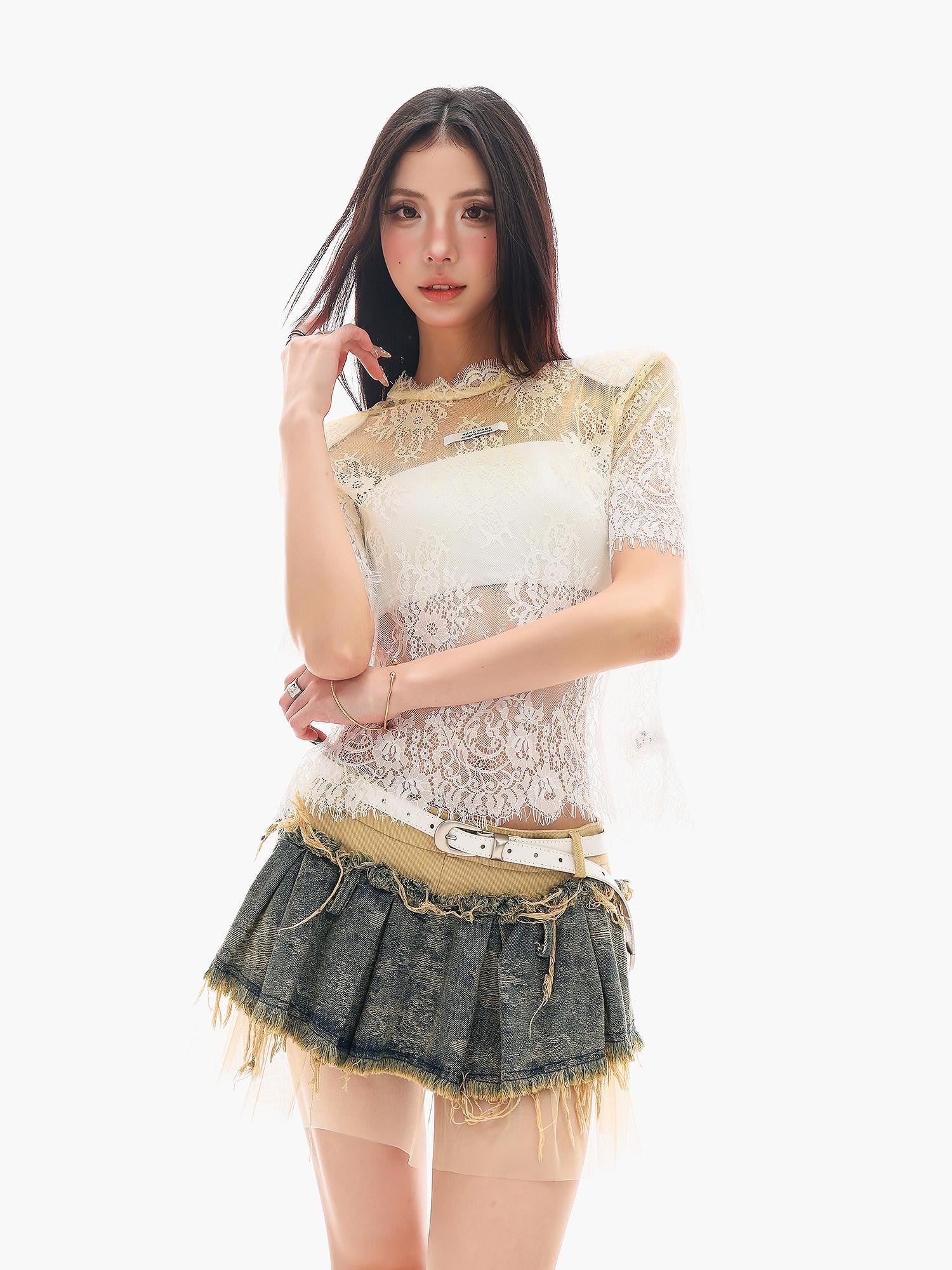 QIUQIU STUDIO Sheer Lace Round Neck Padded Shoulder Loose Women&