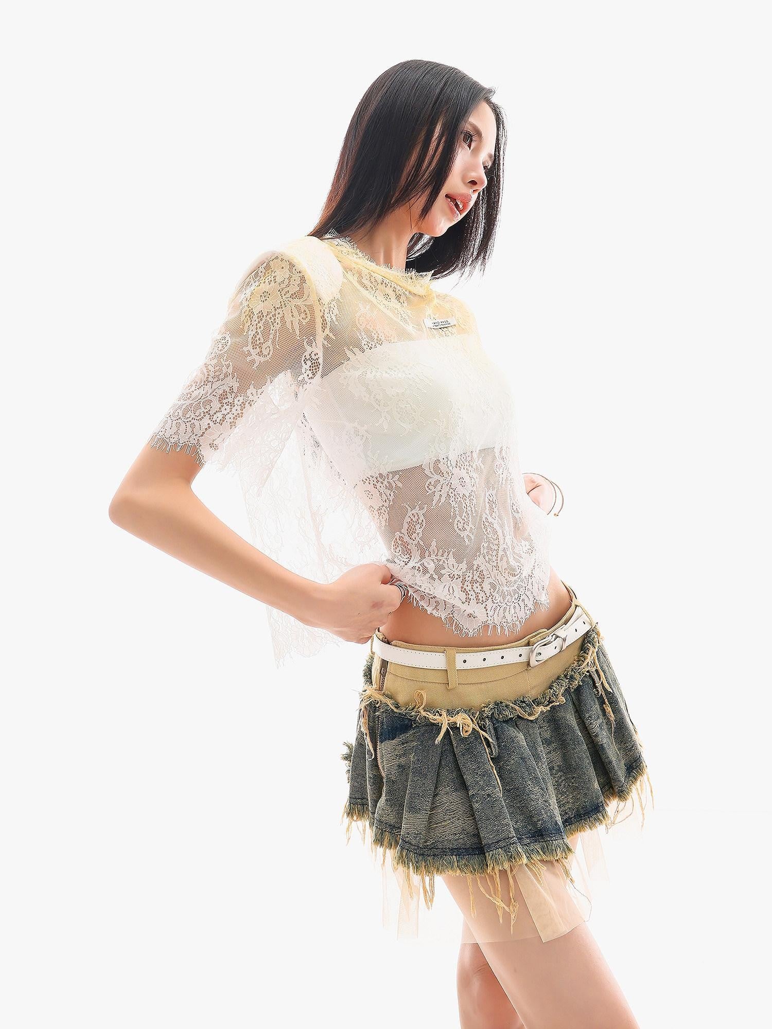 QIUQIU STUDIO Sheer Lace Round Neck Padded Shoulder Loose Women&