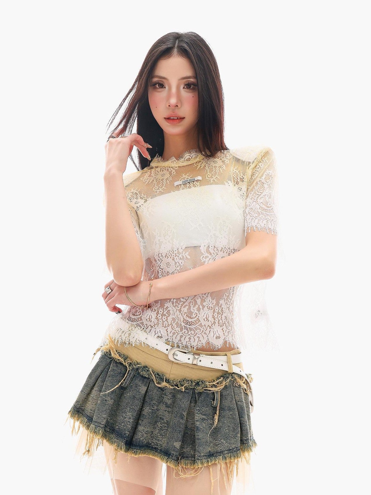 QIUQIU STUDIO Sheer Lace Round Neck Padded Shoulder Loose Women&