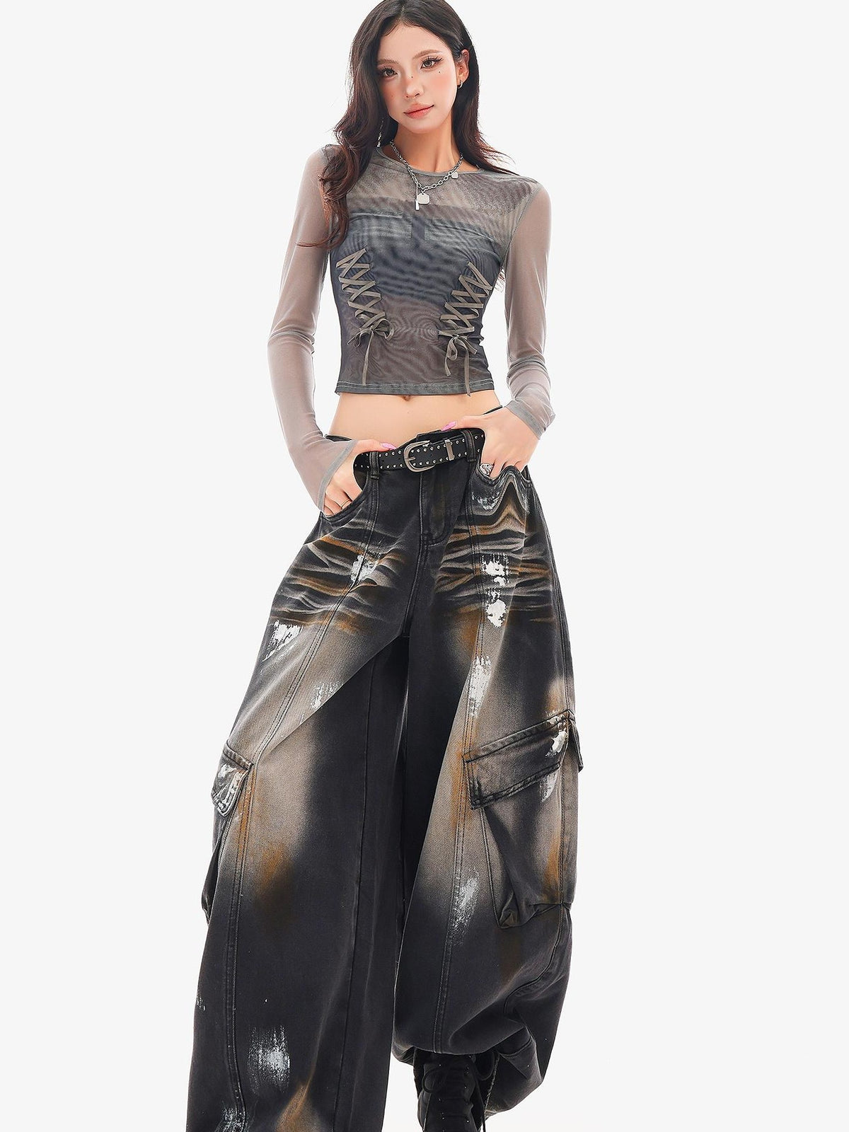 QIUQIU STUDIO Sheer Mesh Digital Print Embroidered Women&