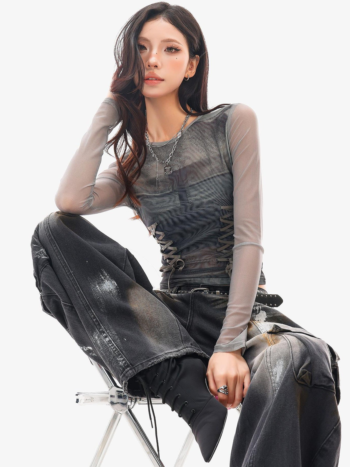 QIUQIU STUDIO Sheer Mesh Digital Print Embroidered Women&