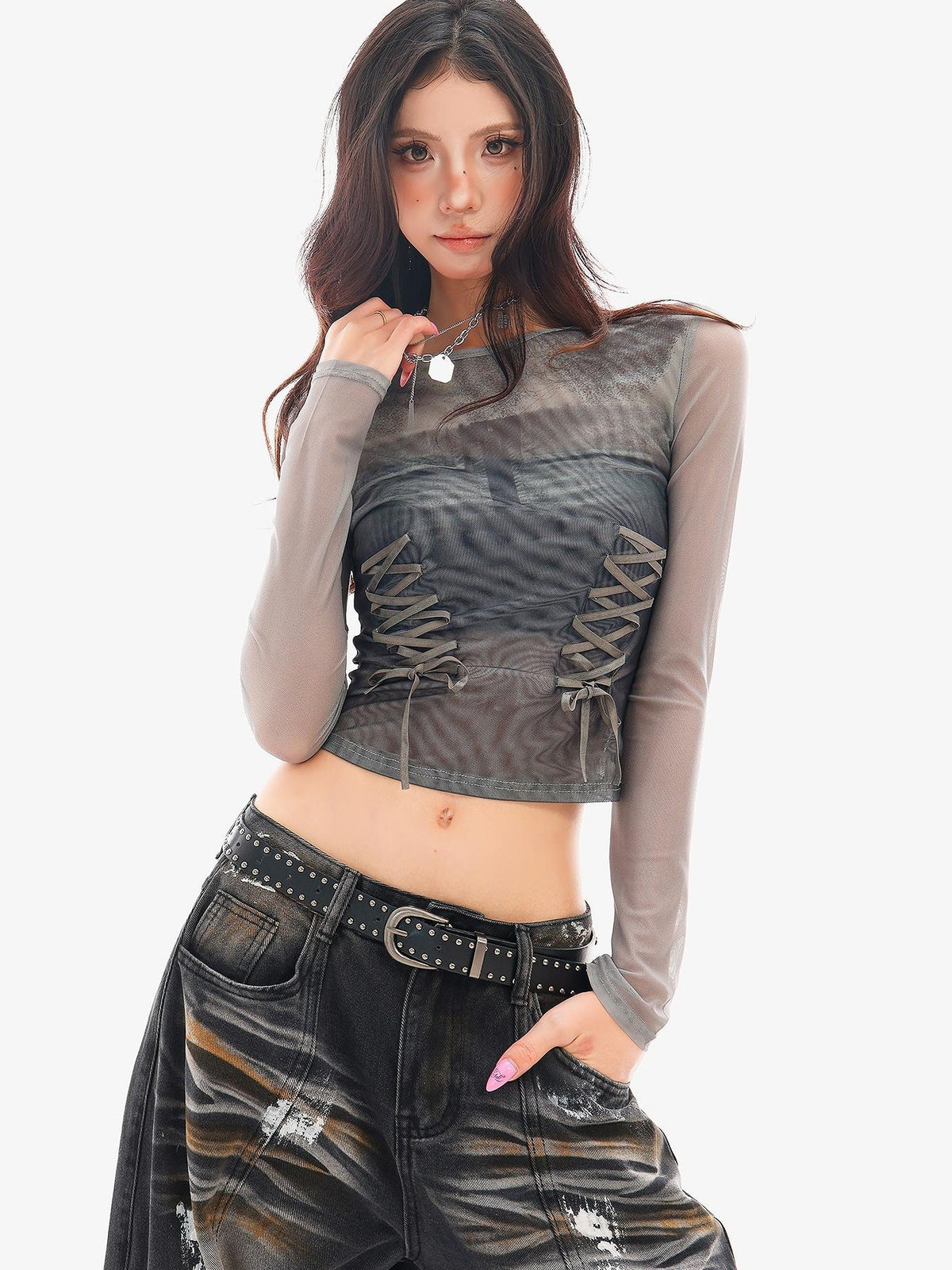 QIUQIU STUDIO Sheer Mesh Digital Print Embroidered Women&