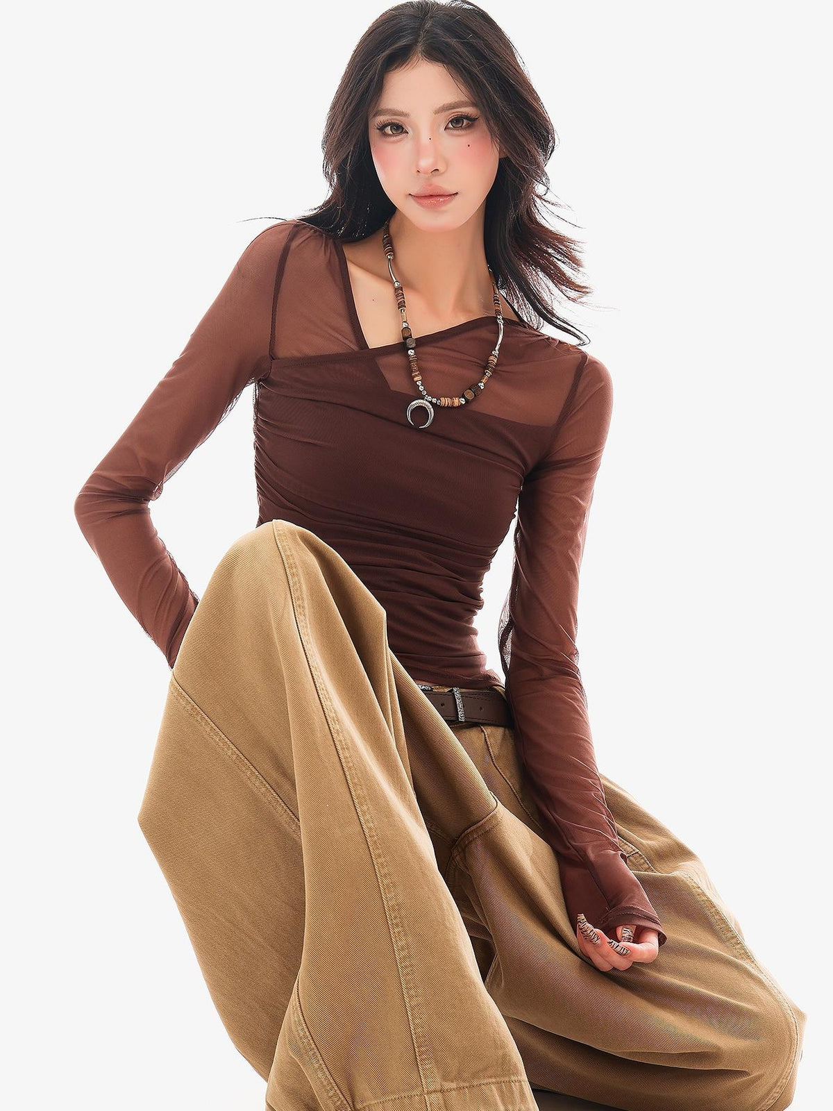 QIUQIU STUDIO Sheer Mesh Layered Slim Fit Women&