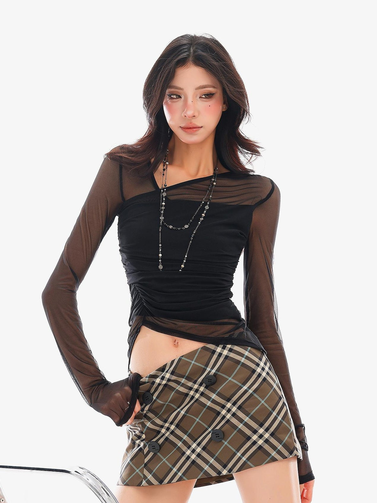 QIUQIU STUDIO Sheer Mesh Layered Slim Fit Women&