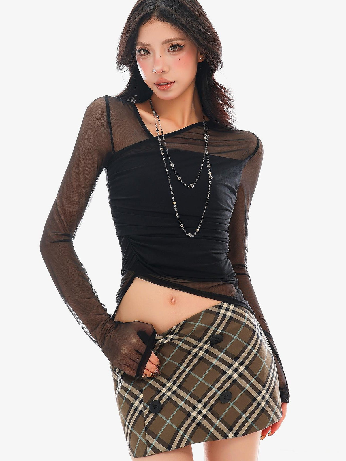 QIUQIU STUDIO Sheer Mesh Layered Slim Fit Women&