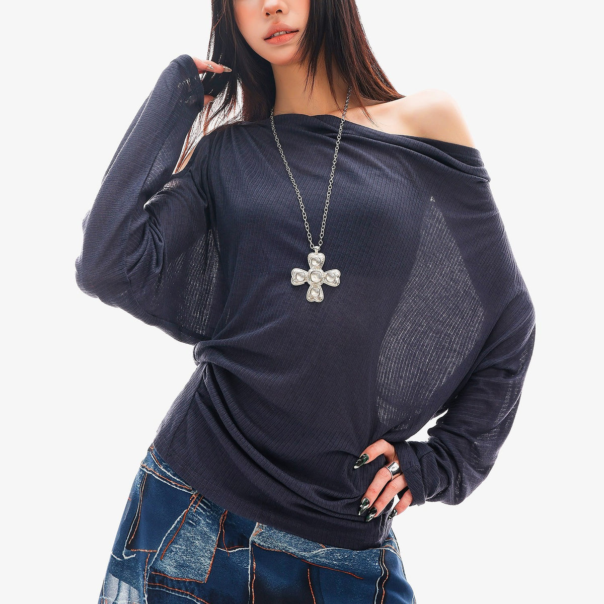 QIUQIU_STUDIO_Sheer_One_Shoulder_Knit_Loose_Fit_Women&