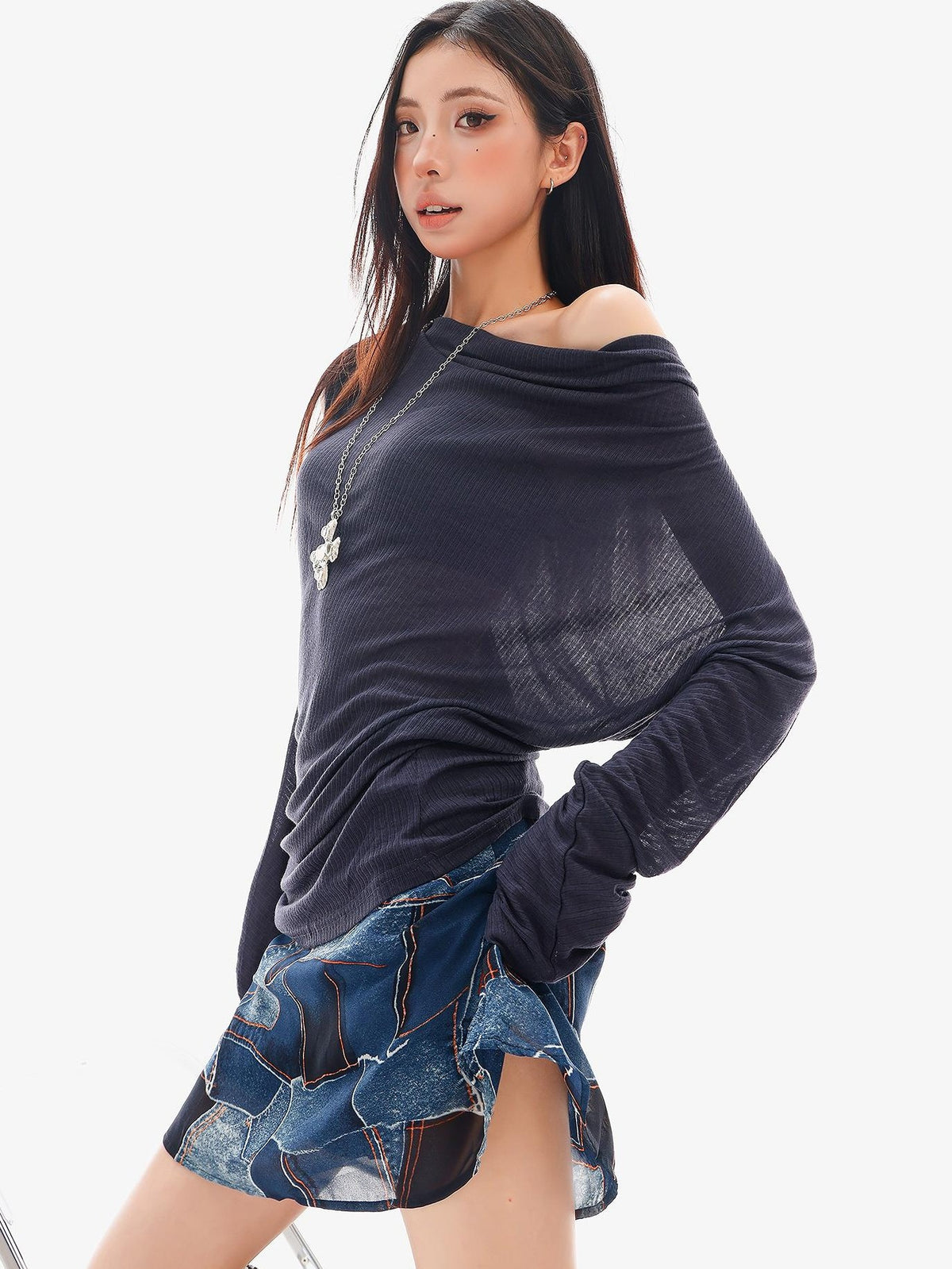 QIUQIU STUDIO Sheer One Shoulder Knit Loose Fit Women&