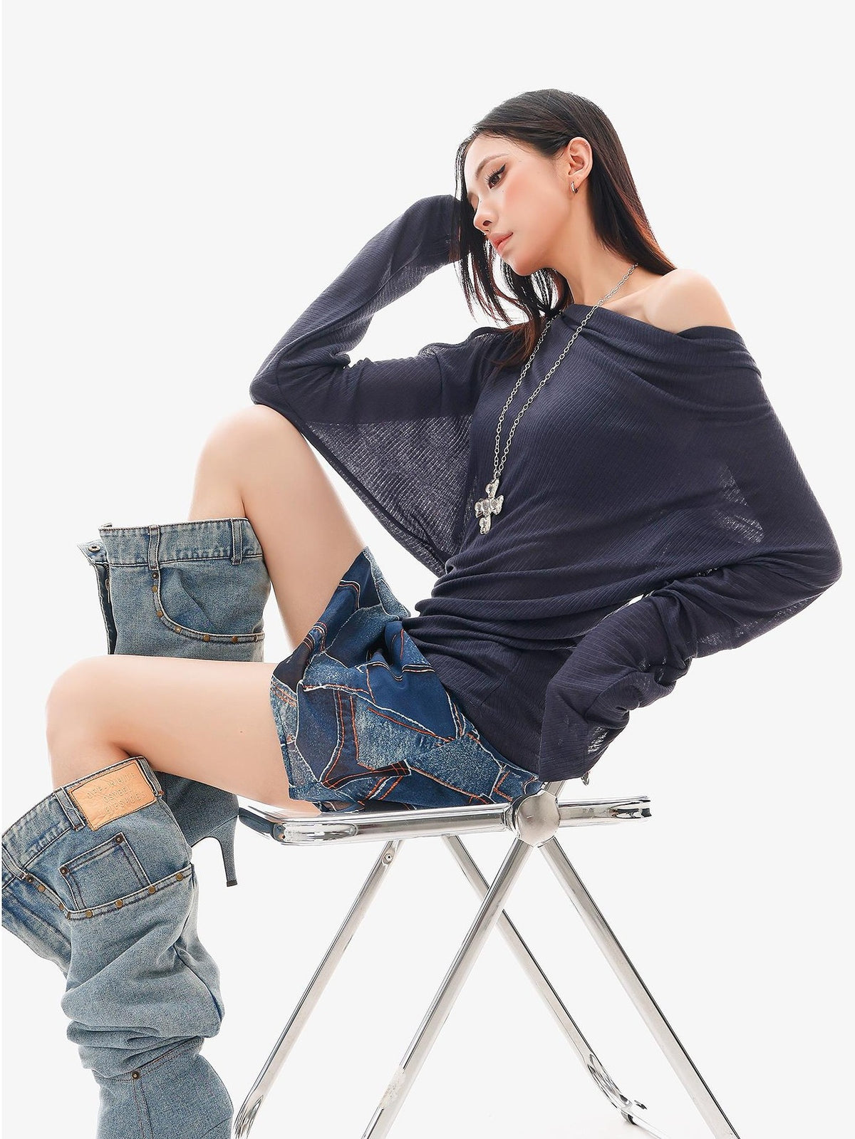 QIUQIU STUDIO Sheer One Shoulder Knit Loose Fit Women&