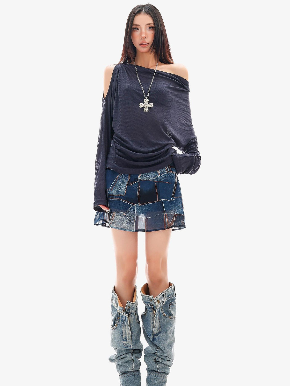 QIUQIU STUDIO Sheer One Shoulder Knit Loose Fit Women&