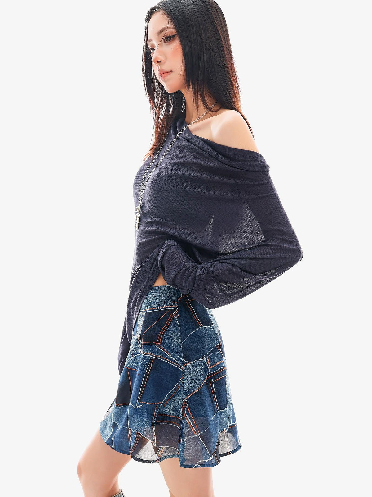 QIUQIU STUDIO Sheer One Shoulder Knit Loose Fit Women&