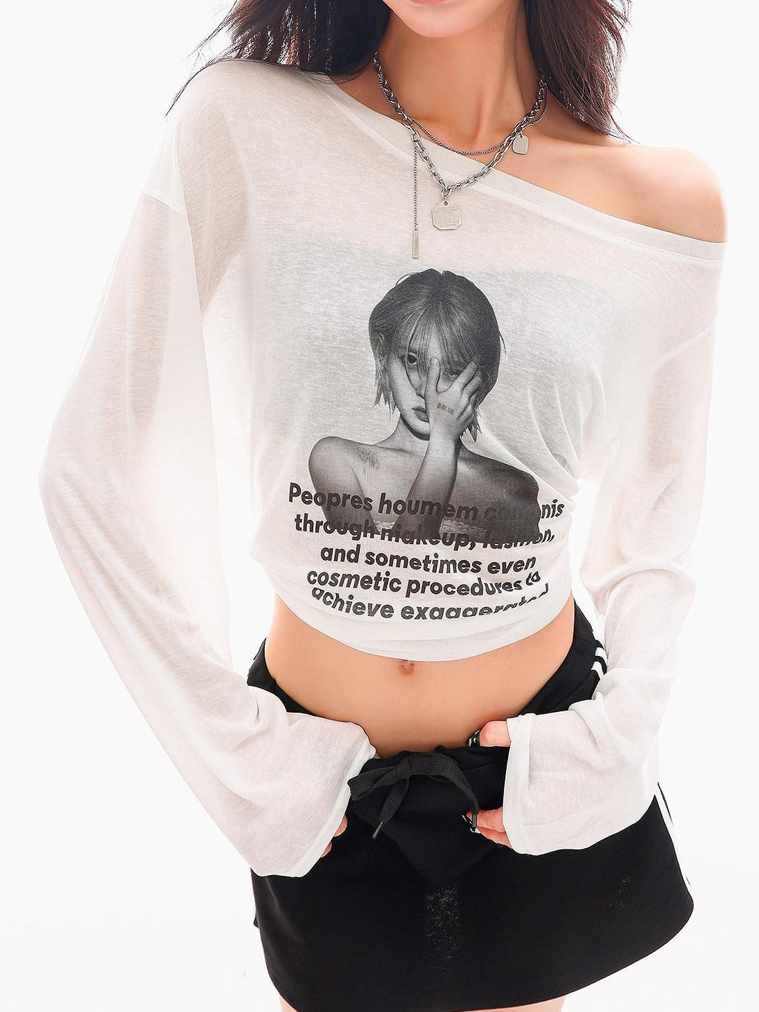 QIUQIU STUDIO Sheer Portrait Print Asymmetric Shoulder Loose Women&