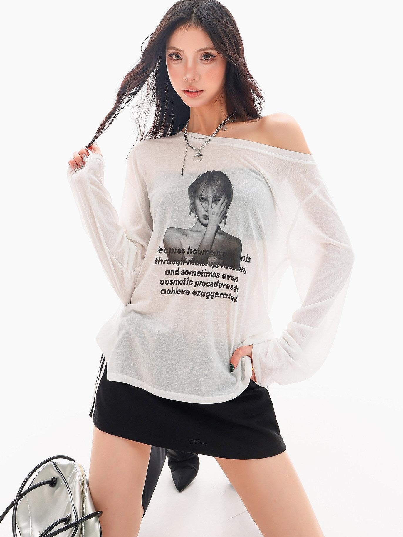 QIUQIU STUDIO Sheer Portrait Print Asymmetric Shoulder Loose Women&