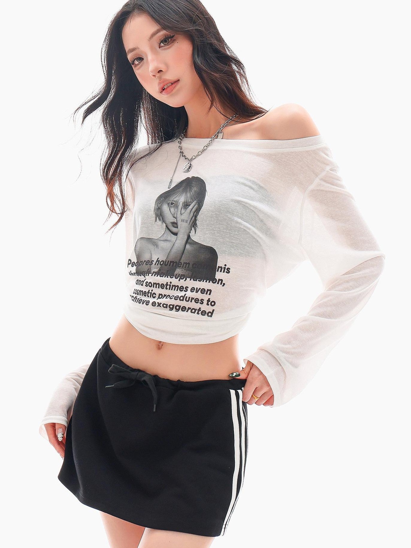 QIUQIU STUDIO Sheer Portrait Print Asymmetric Shoulder Loose Women&