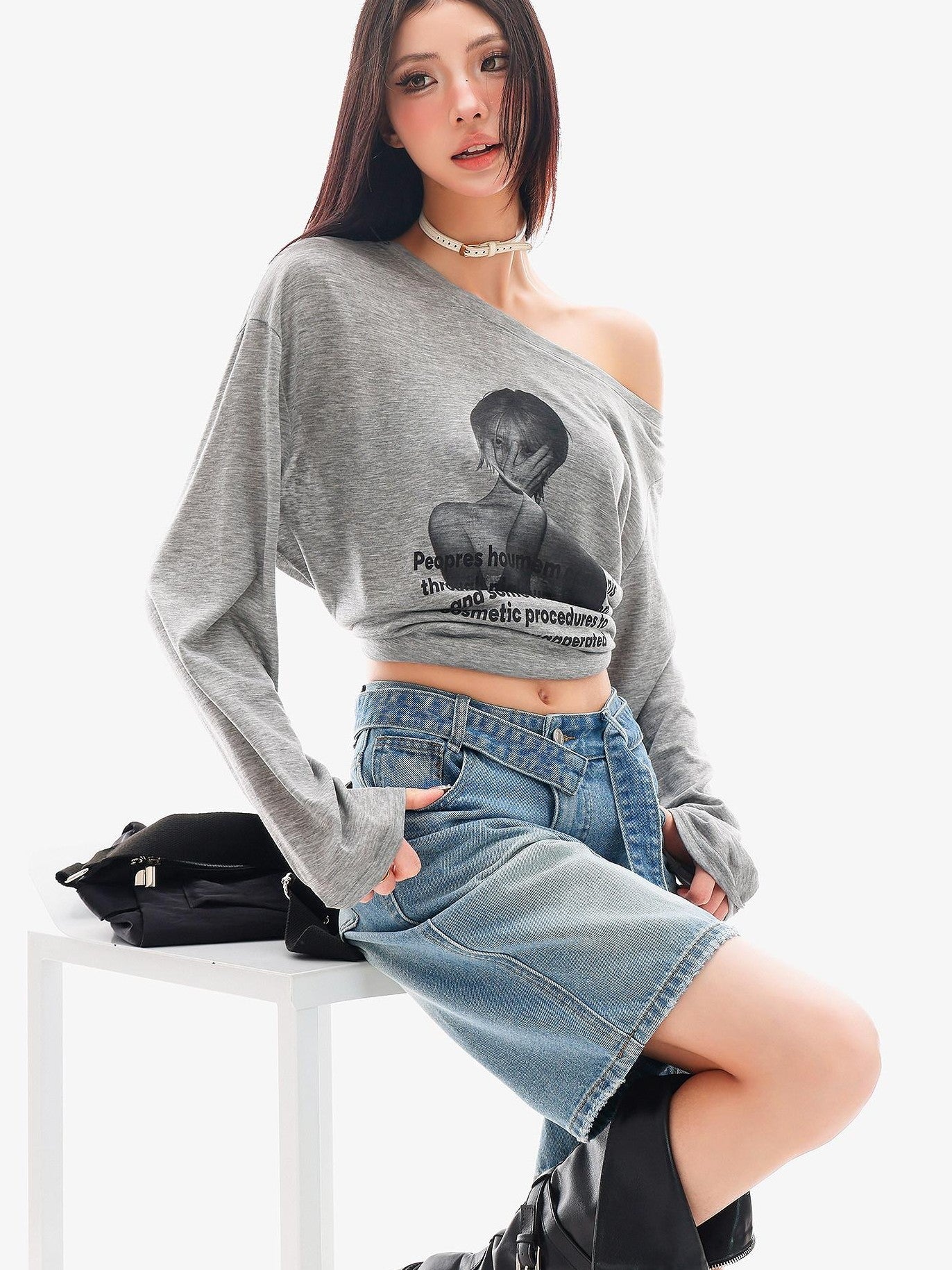 QIUQIU STUDIO Sheer Portrait Print Asymmetric Shoulder Loose Women&
