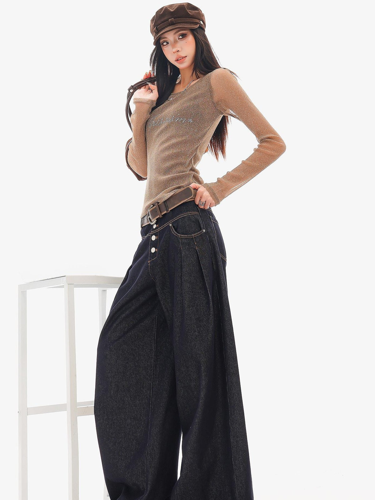 QIUQIU STUDIO Sheer Rhinestone Letter Print Round Neck Women&