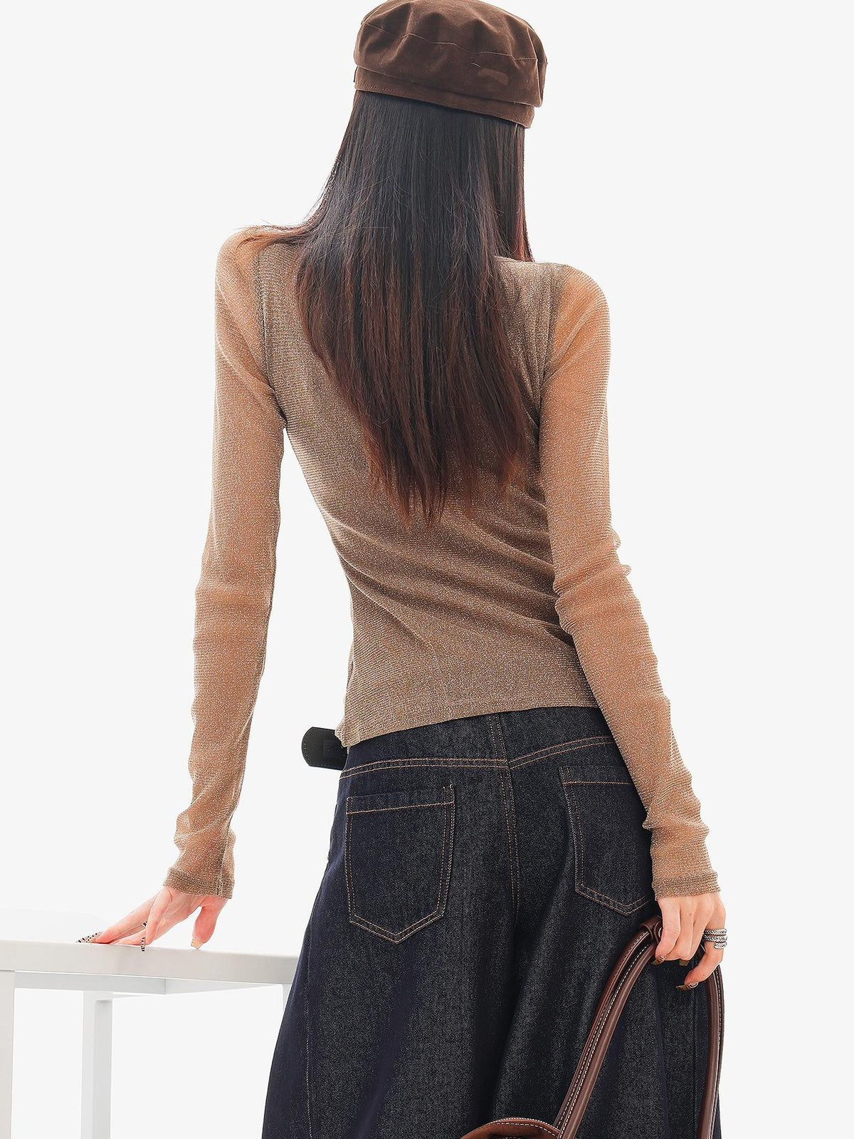 QIUQIU STUDIO Sheer Rhinestone Letter Print Round Neck Women&