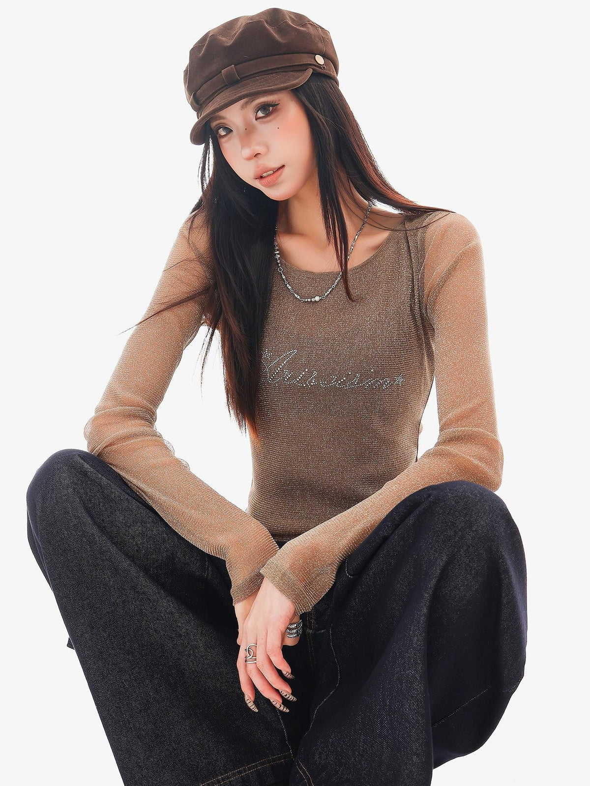 QIUQIU STUDIO Sheer Rhinestone Letter Print Round Neck Women&