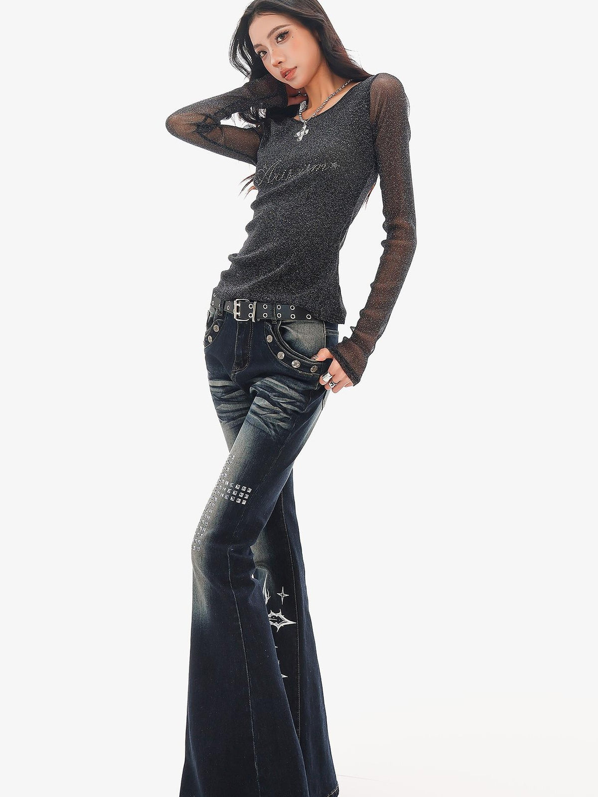 QIUQIU STUDIO Sheer Rhinestone Letter Print Round Neck Women&