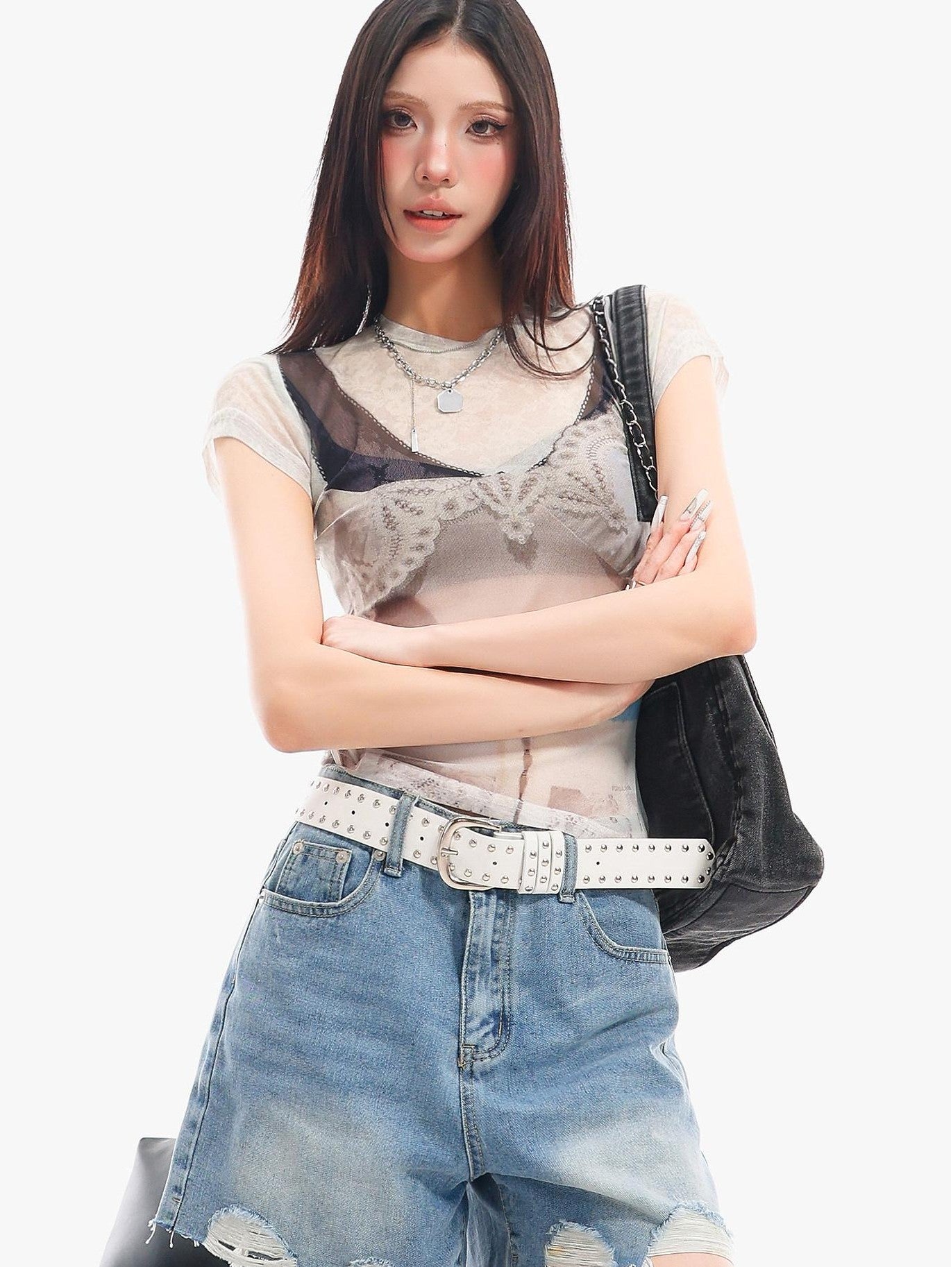 QIUQIU STUDIO Sheer Round Neck Short Sleeve 3d Print Waist Cinch Women&