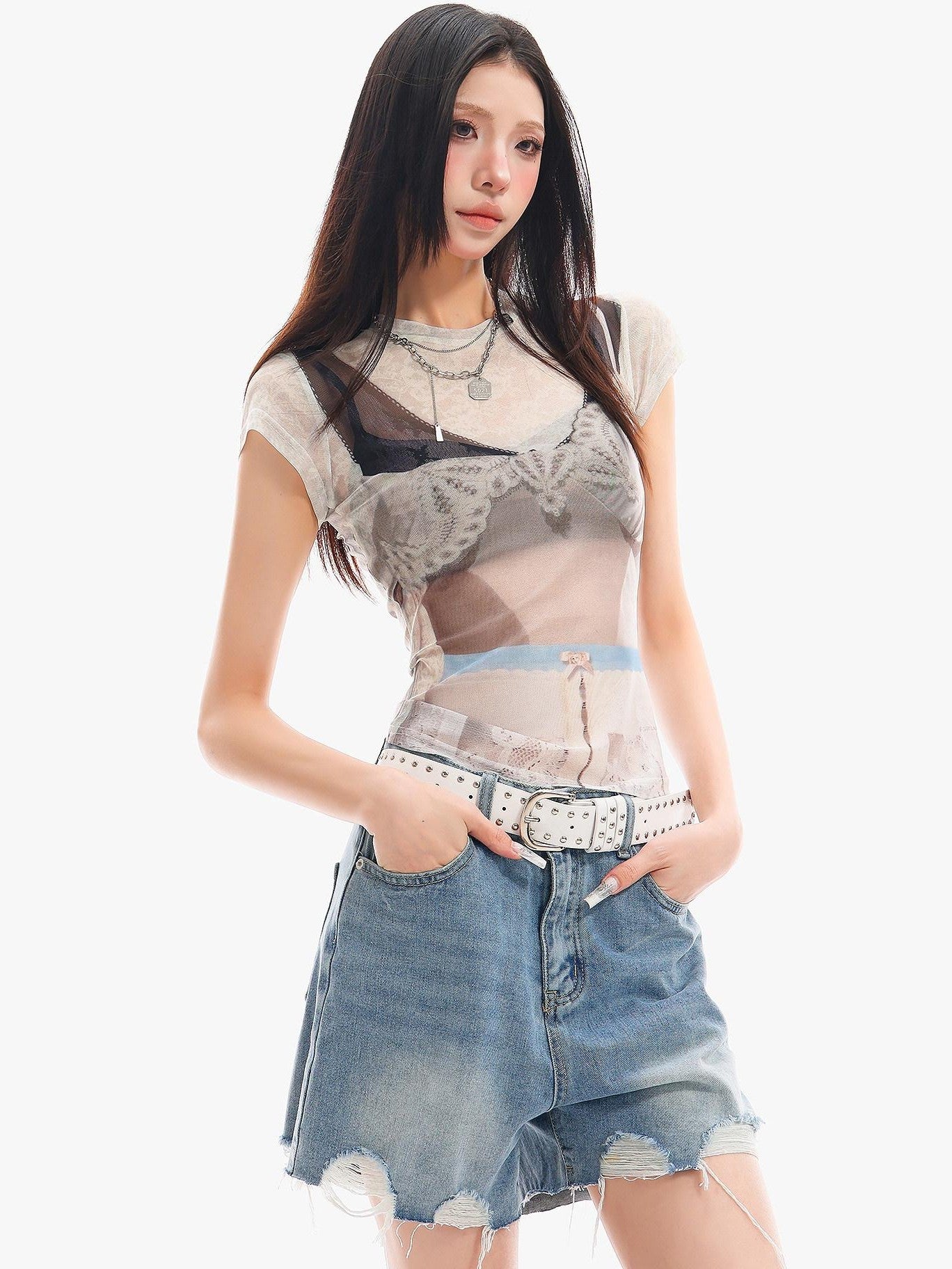 QIUQIU STUDIO Sheer Round Neck Short Sleeve 3d Print Waist Cinch Women&