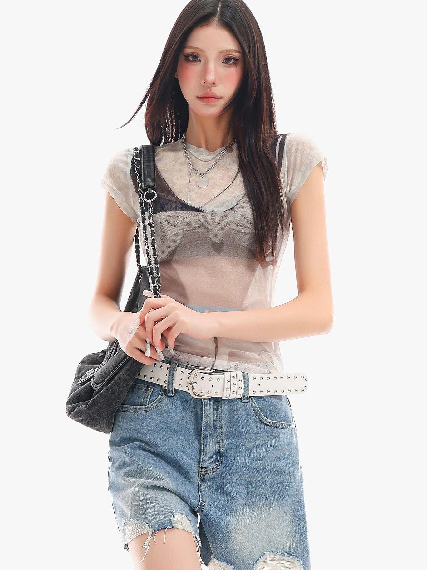 QIUQIU STUDIO Sheer Round Neck Short Sleeve 3d Print Waist Cinch Women&