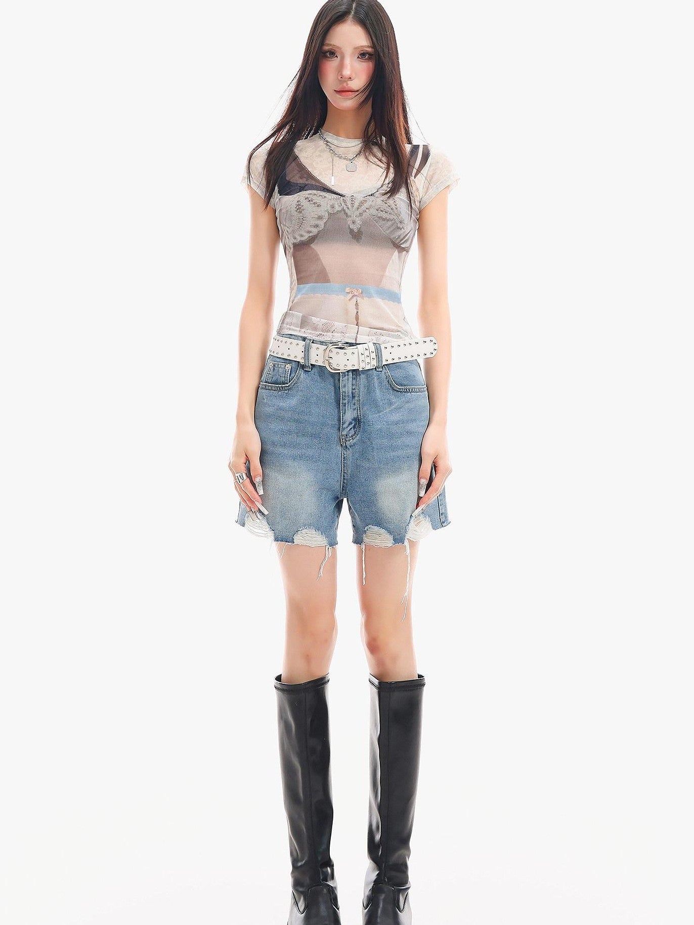 QIUQIU STUDIO Sheer Round Neck Short Sleeve 3d Print Waist Cinch Women&