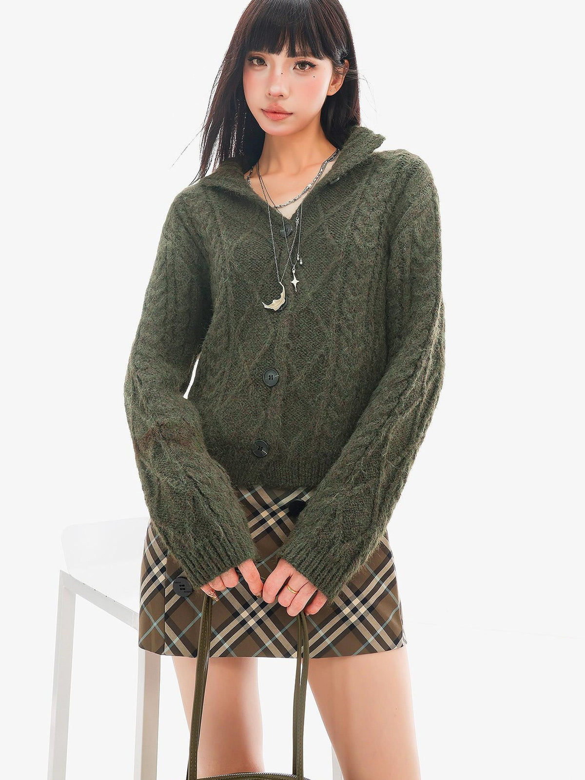 QIUQIU STUDIO Solid Color Stand Collar Long Sleeve Knit Women&