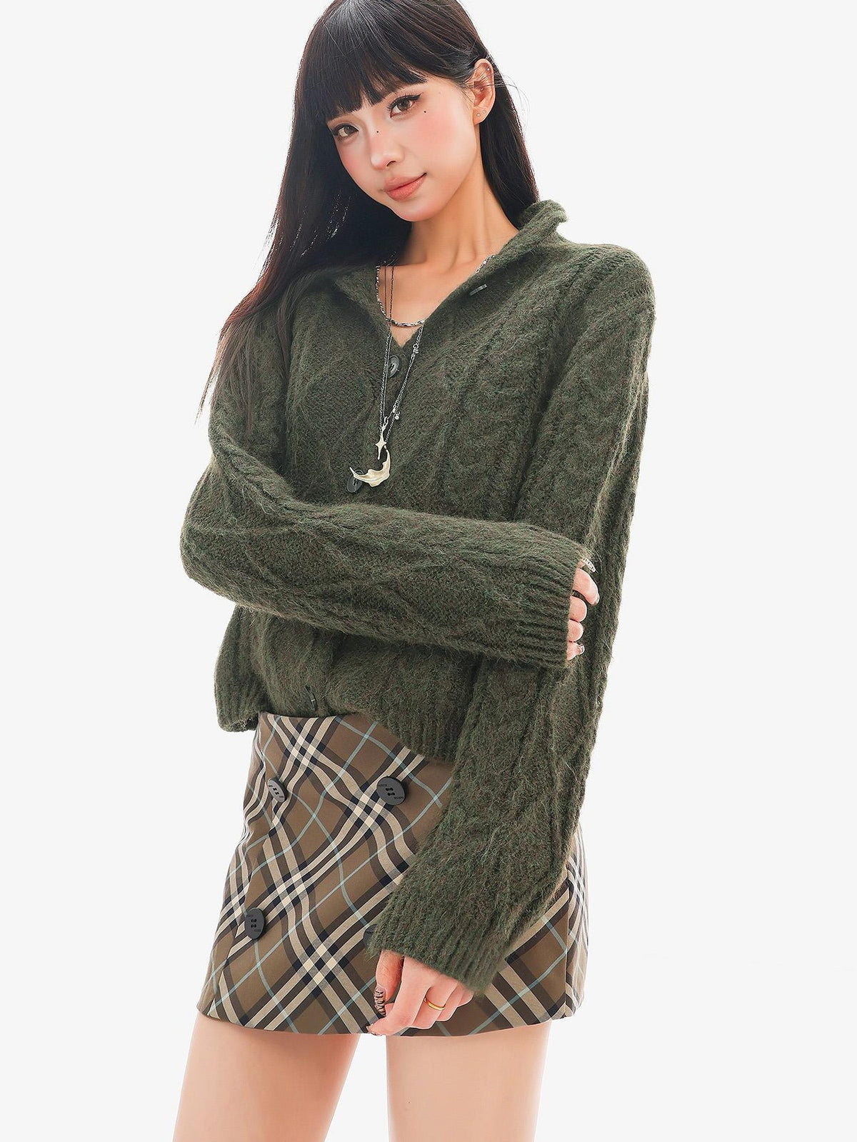 QIUQIU STUDIO Solid Color Stand Collar Long Sleeve Knit Women&