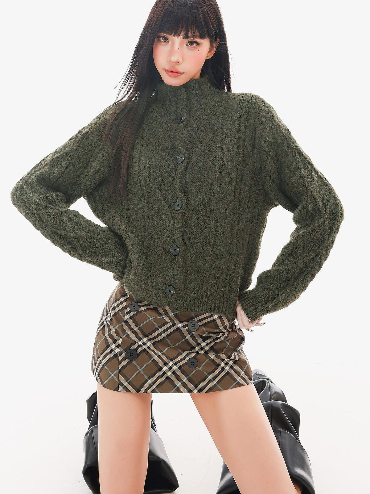 QIUQIU STUDIO Solid Color Stand Collar Long Sleeve Knit Women&
