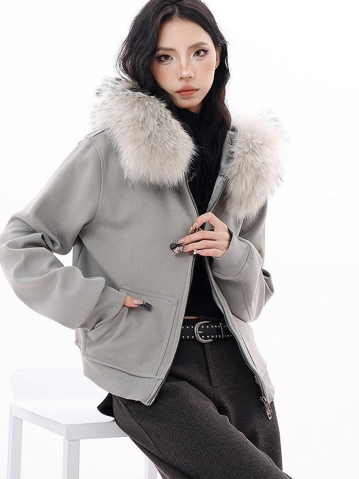 QIUQIU STUDIO Solid Detachable Fur Collar Hooded Thick Women&