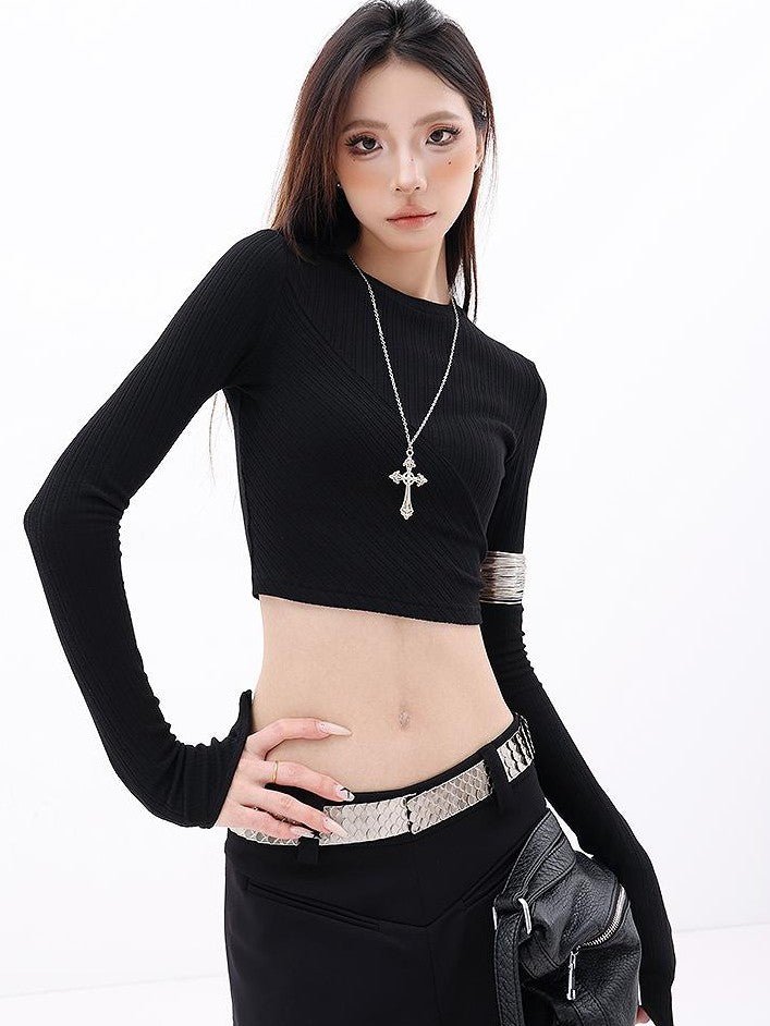 QIUQIU STUDIO Solid Ribbed Knit Slim Fit Crop Round Neck Women&