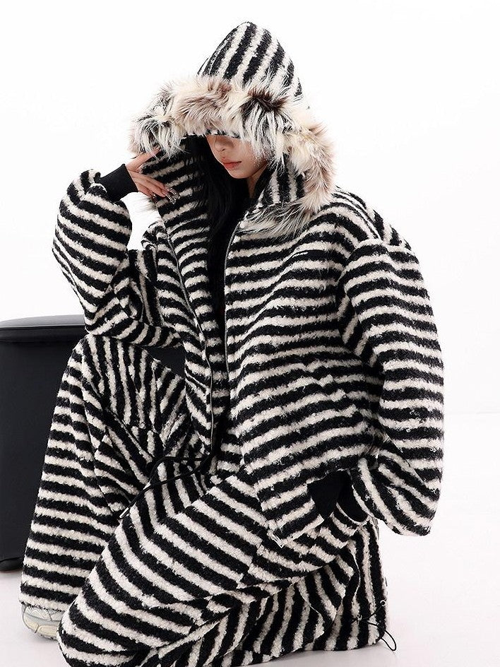 QIUQIU STUDIO Striped Fur Collar Hooded Contrast Zip Relaxed Women&