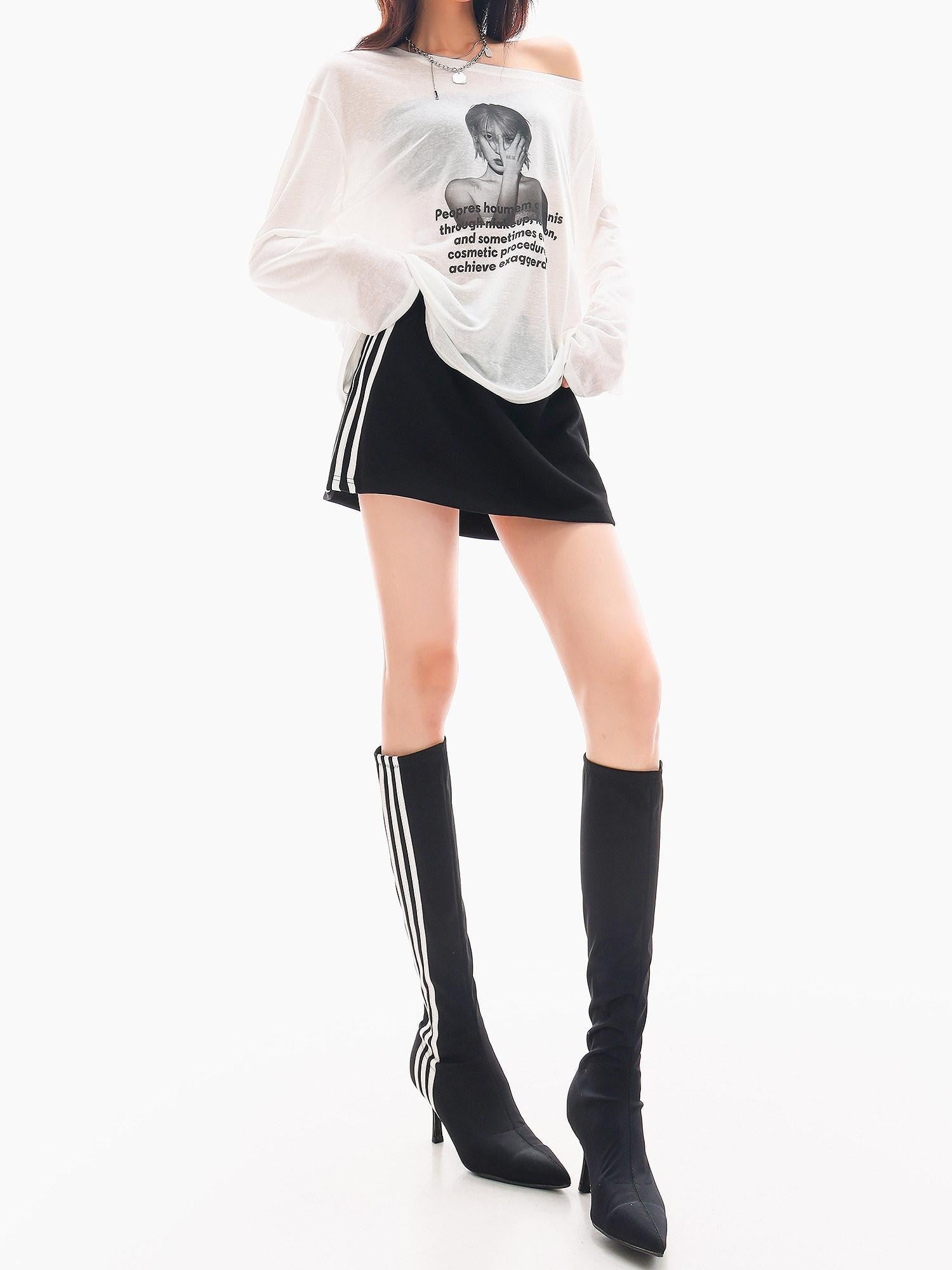 QIUQIU STUDIO Striped Patchwork A Line Mid Waist Women&