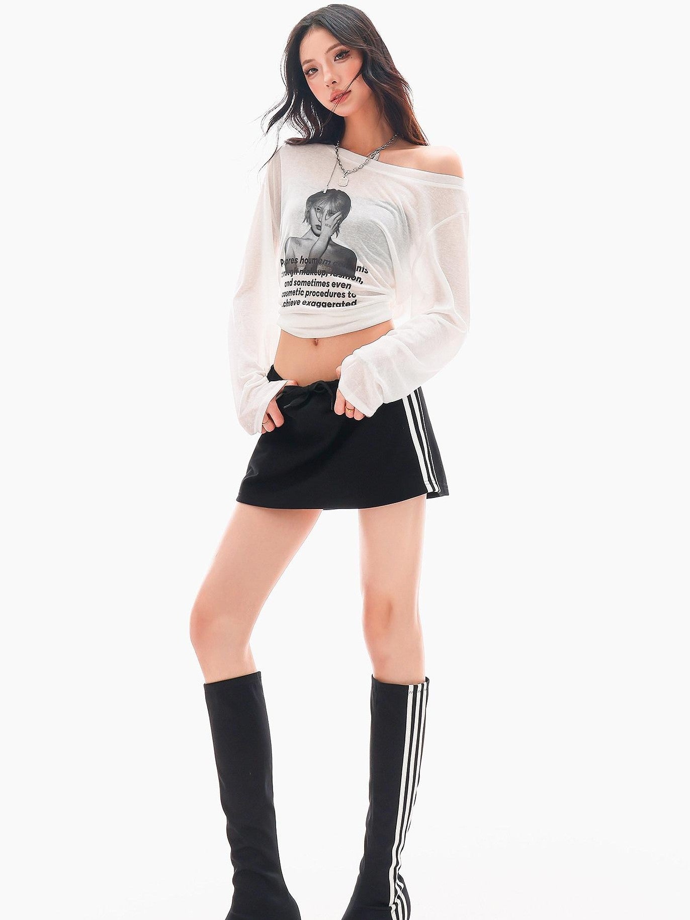 QIUQIU STUDIO Striped Patchwork A Line Mid Waist Women&