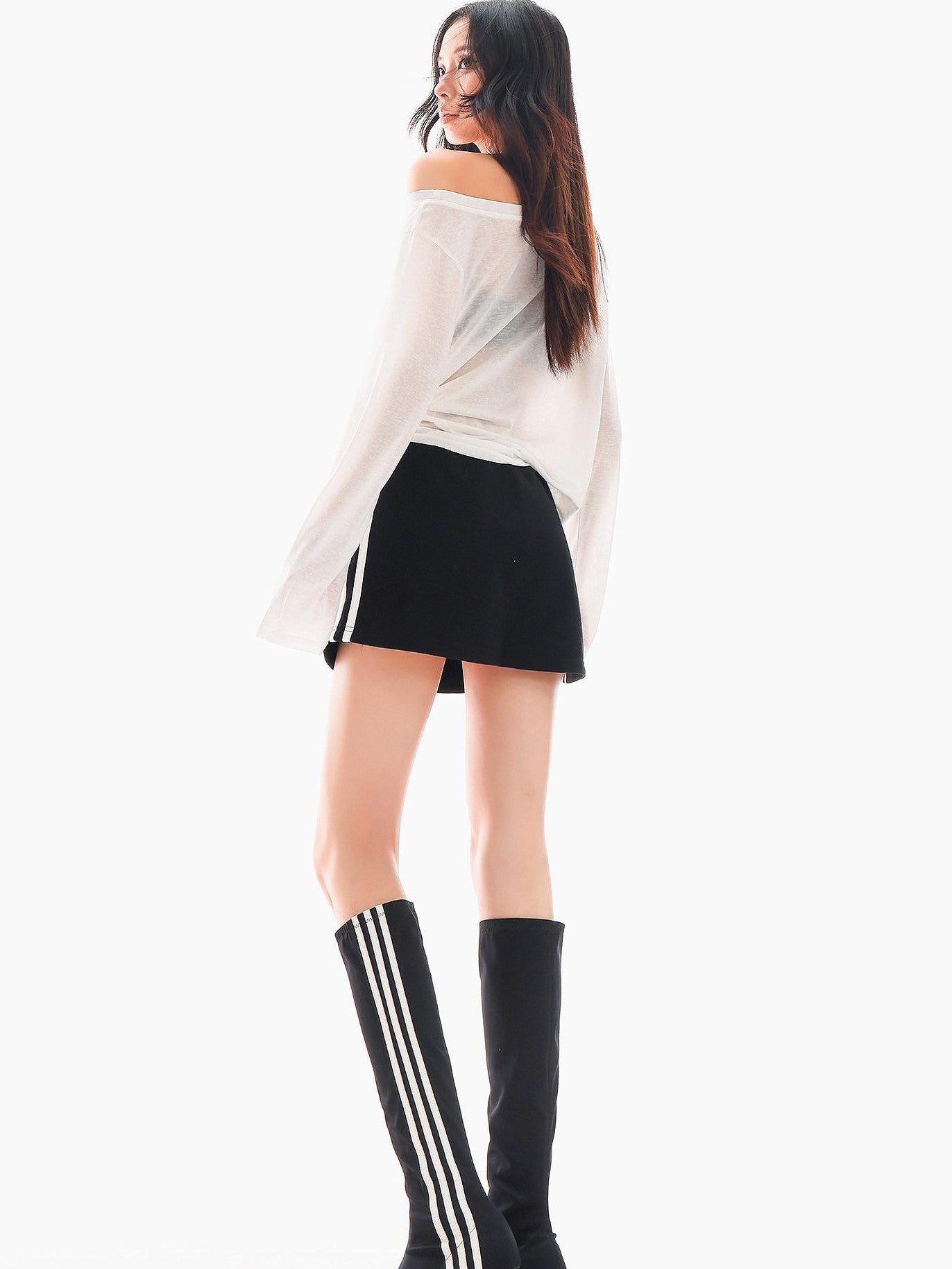 QIUQIU STUDIO Striped Patchwork A Line Mid Waist Women&