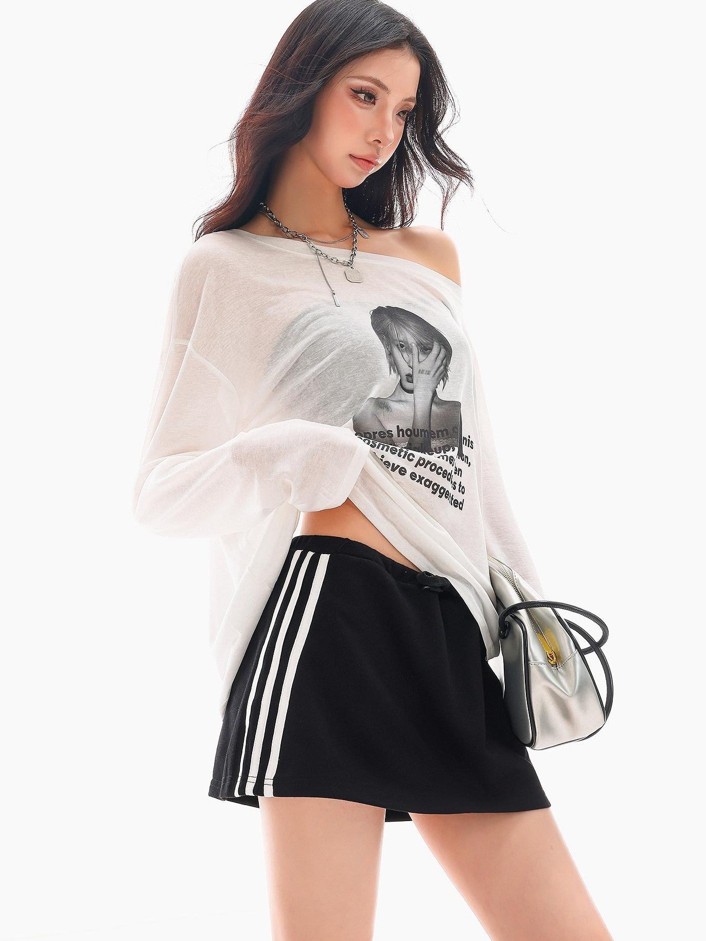 QIUQIU STUDIO Striped Patchwork A Line Mid Waist Women&