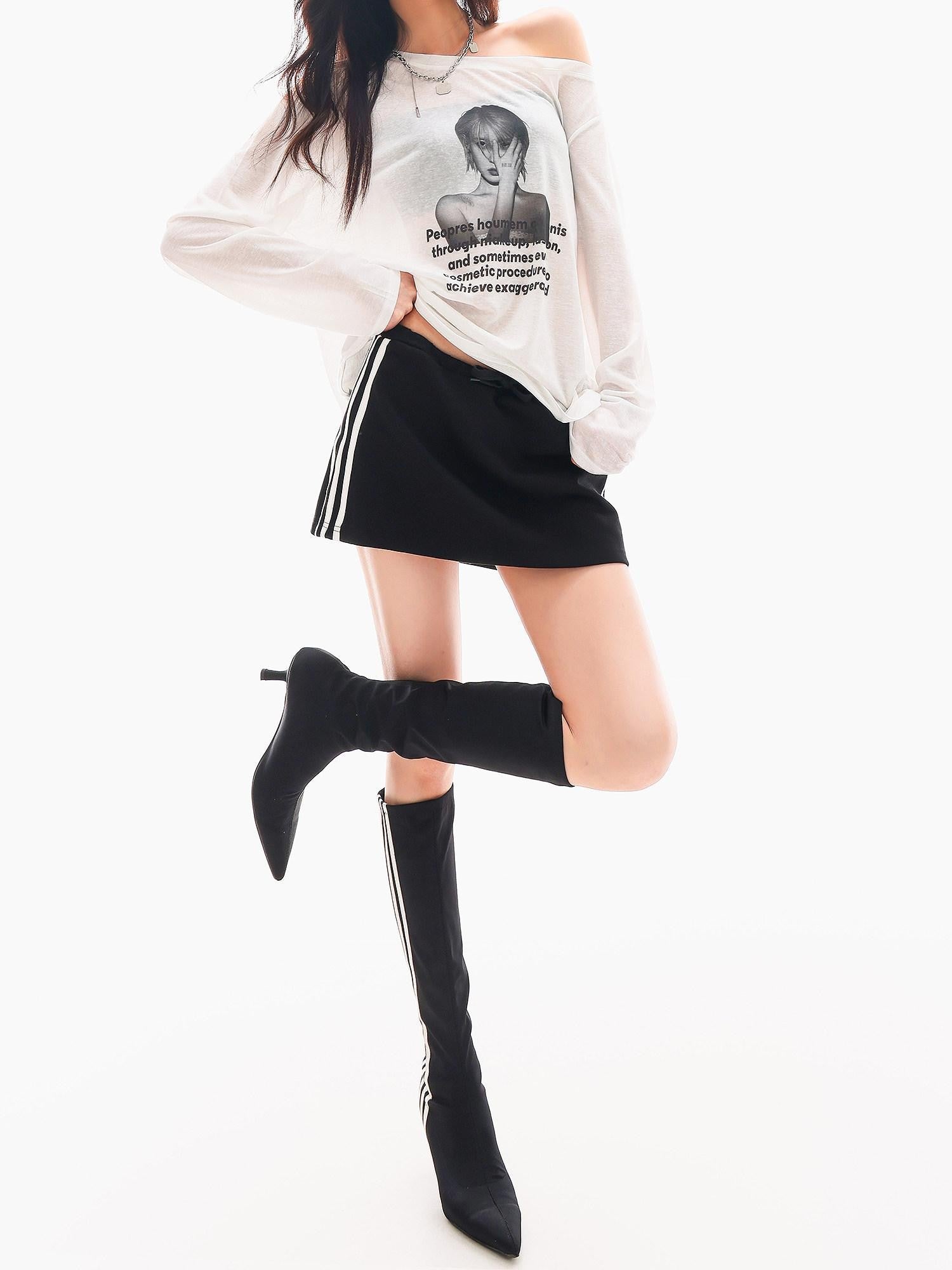 QIUQIU STUDIO Striped Patchwork A Line Mid Waist Women&