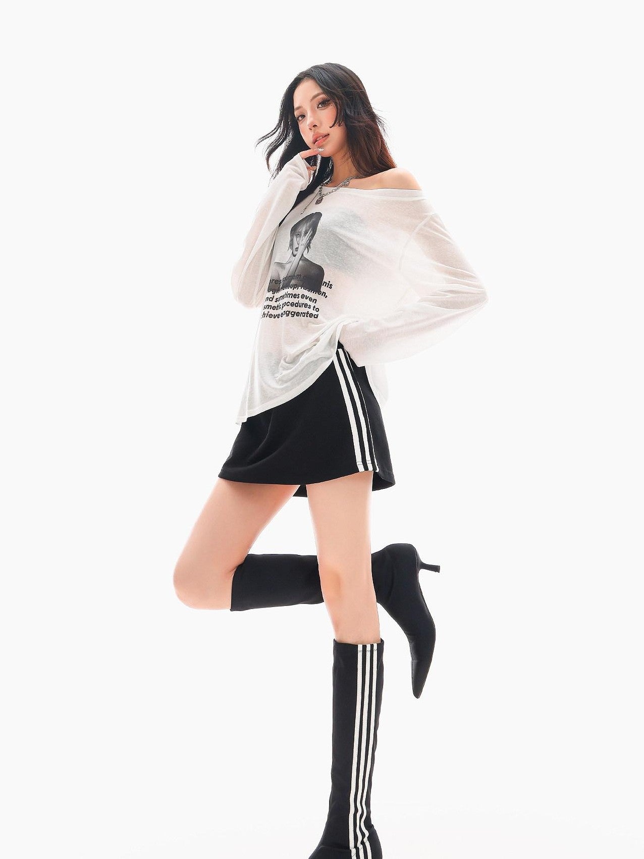 QIUQIU STUDIO Striped Patchwork A Line Mid Waist Women&