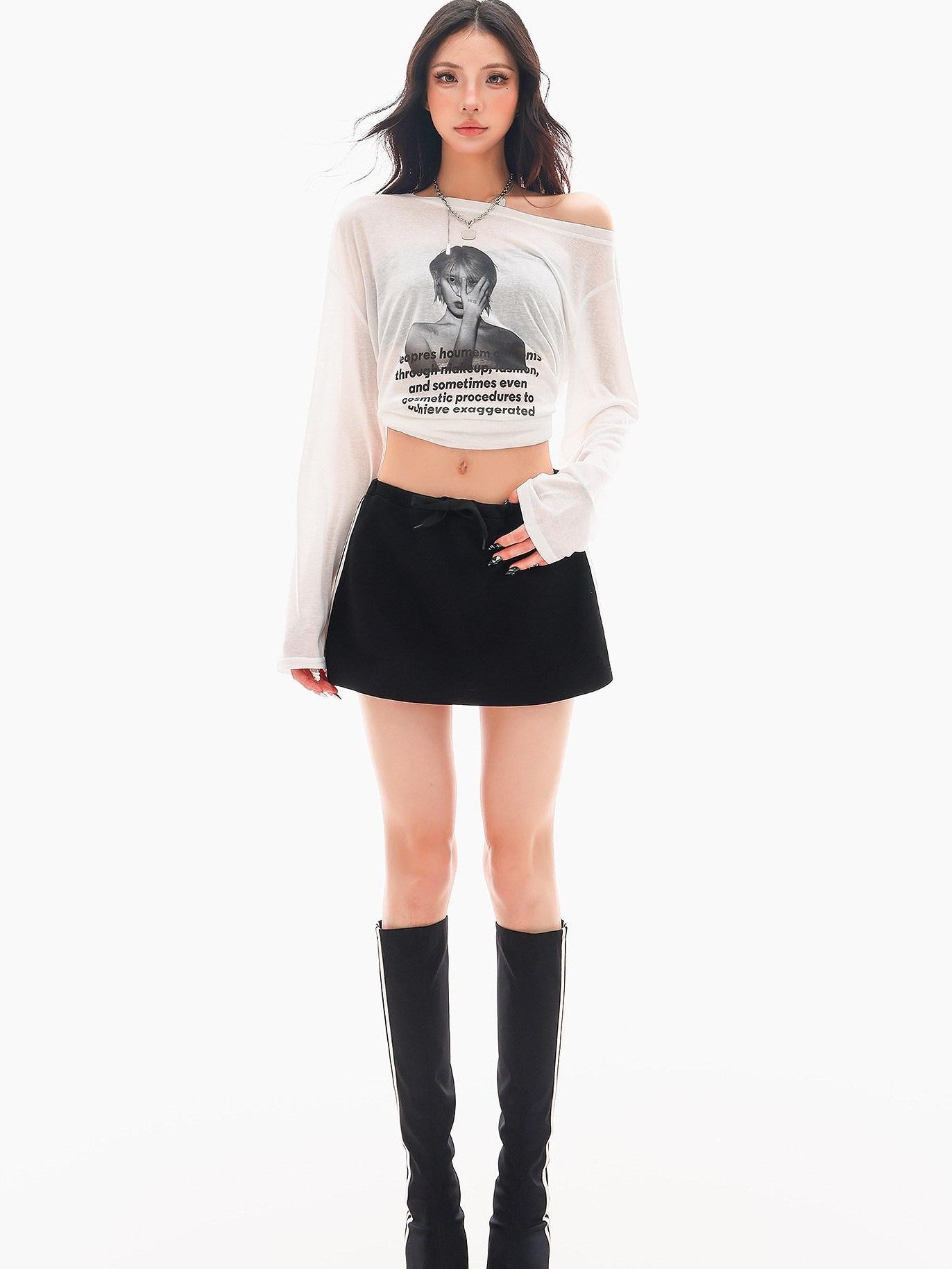 QIUQIU STUDIO Striped Patchwork A Line Mid Waist Women&
