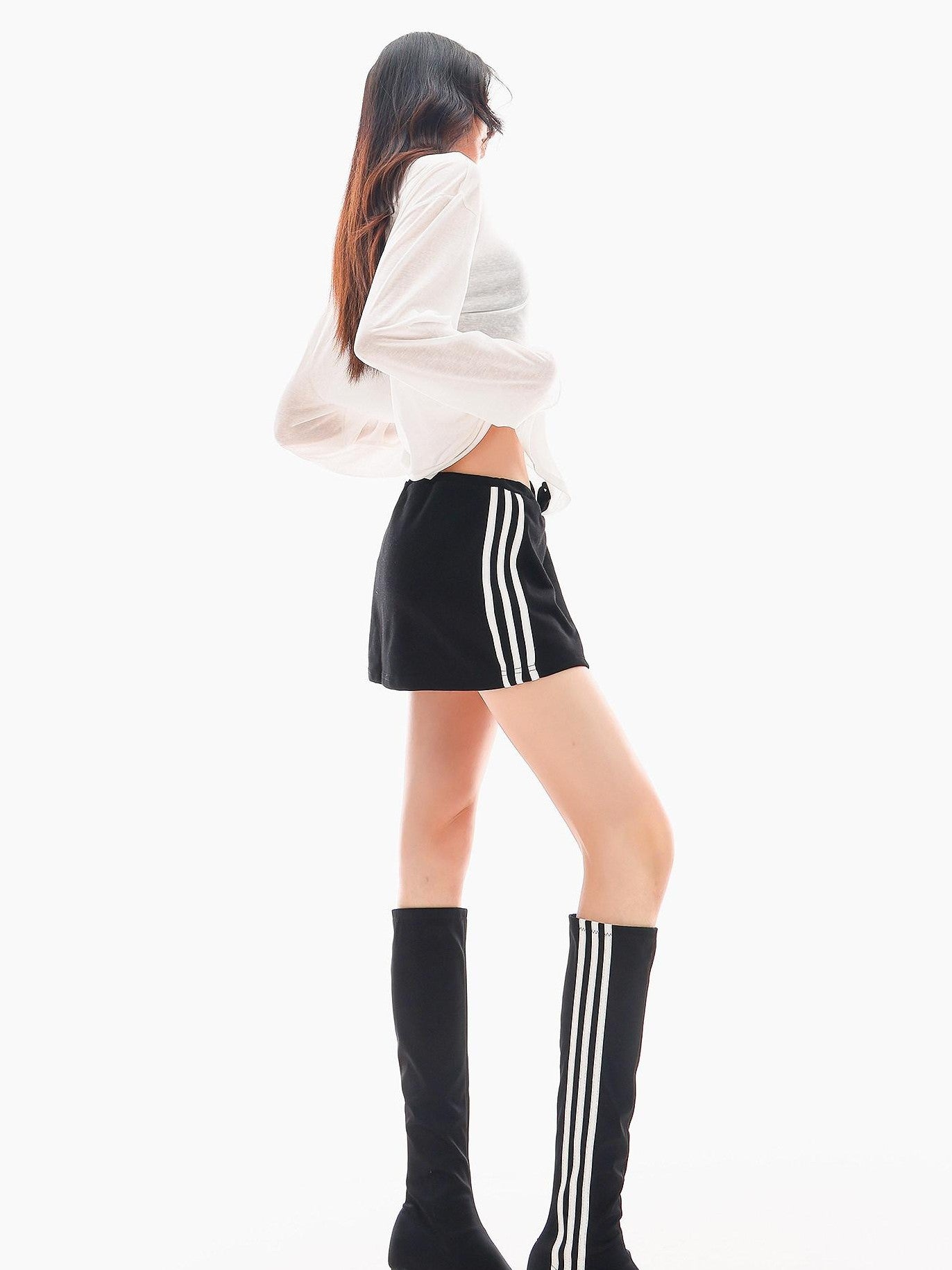 QIUQIU STUDIO Striped Patchwork A Line Mid Waist Women&