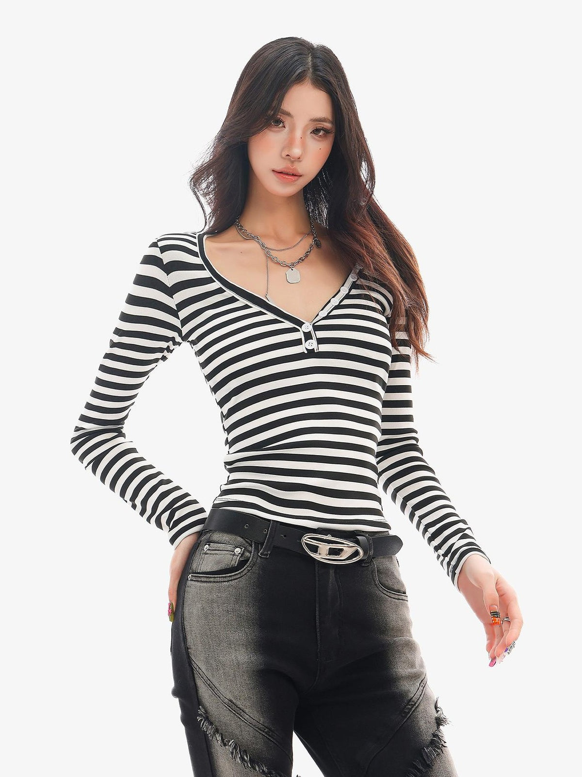 QIUQIU STUDIO Striped V-neck Slim Fit Women&