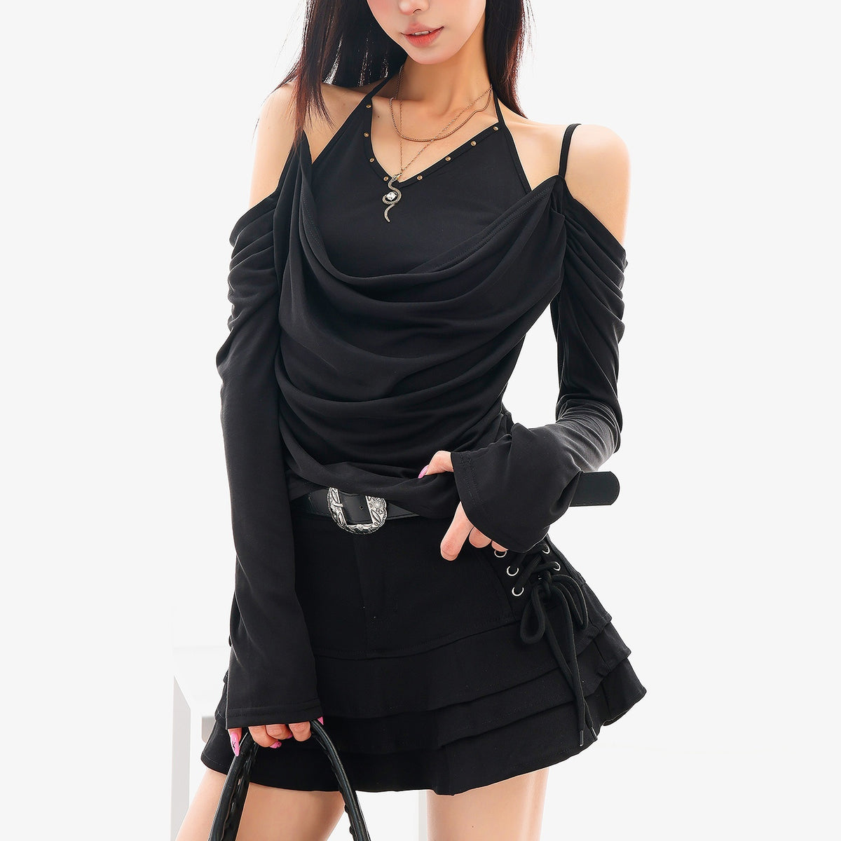 QIUQIU_STUDIO_Studded_Cowl_Neck_Cold_Shoulder_Loose_Fit_Women&