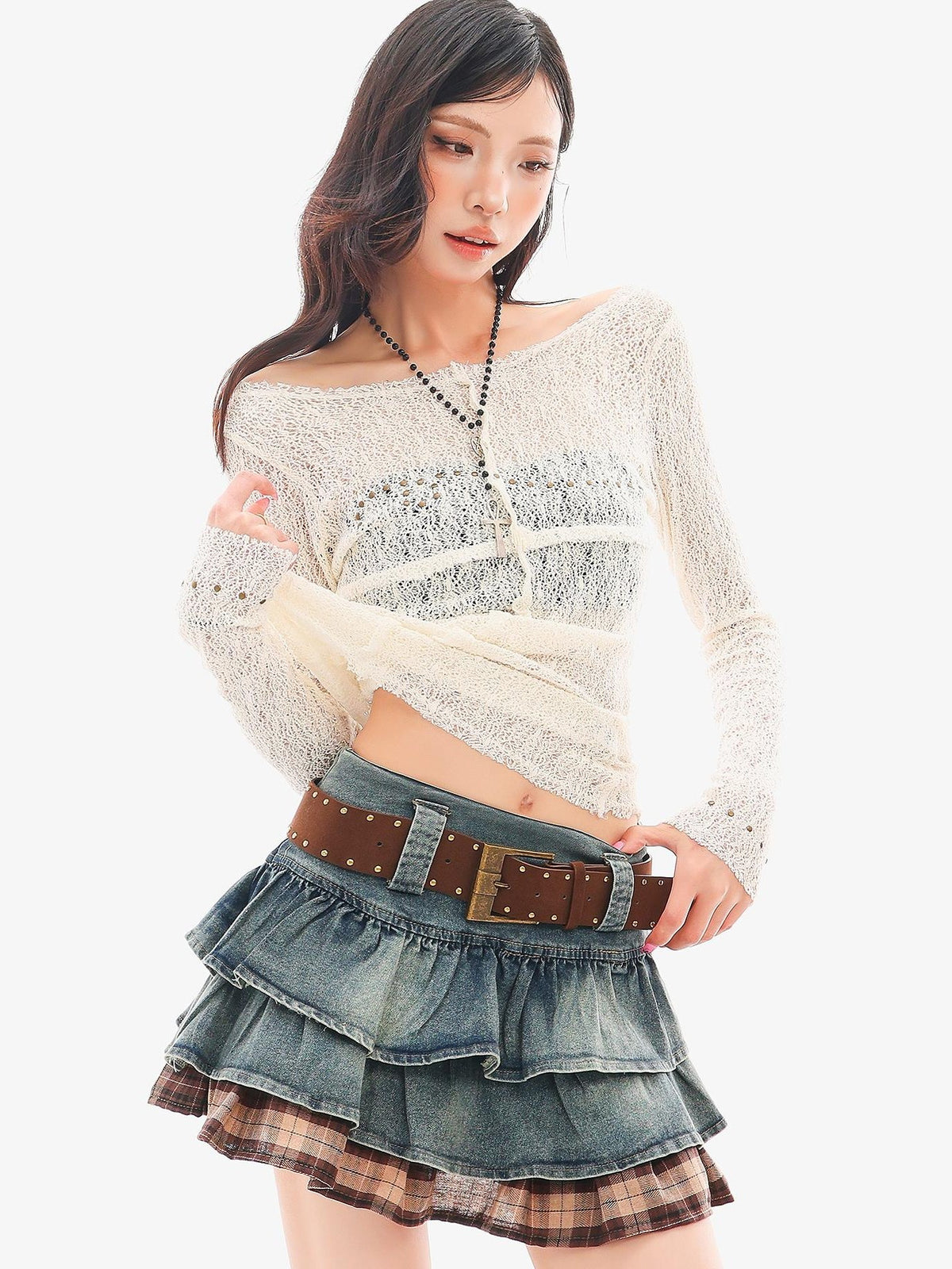 QIUQIU STUDIO Studded Lace Spliced Sheer Women&